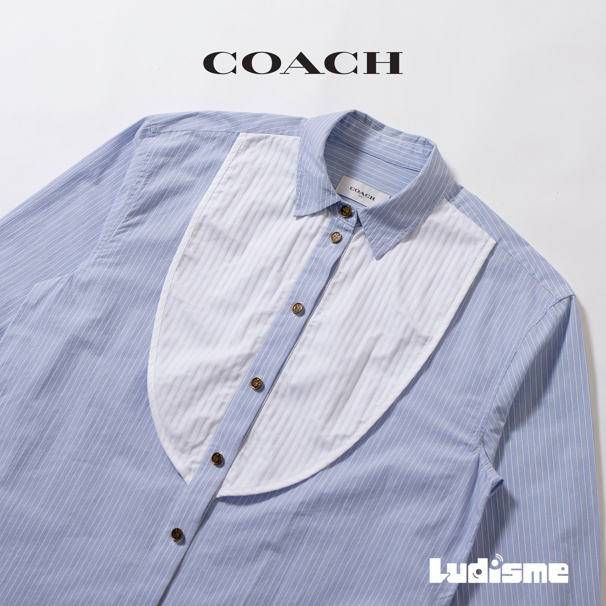 コーチ COACH ストライプシャツ ブルー スタンダードカラー ドレスシャツ ロングシャツ タキシードシャツ クレリックシャツ レディース