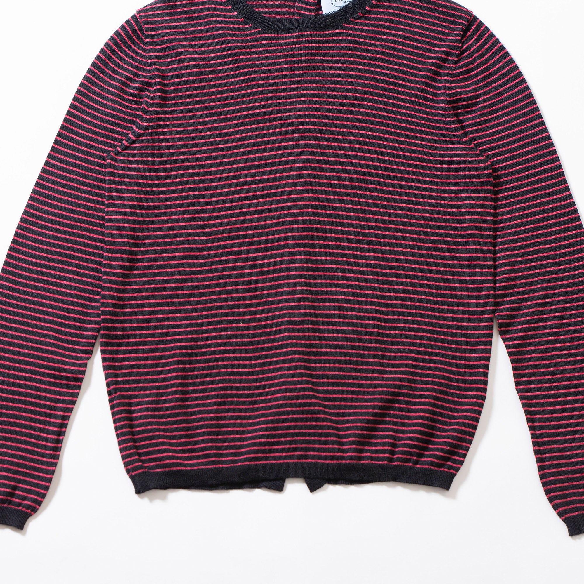 プラダ PRADA クルーネックニット マルチボーダー ブラック×レッド ウール シルク バックボダンデザイン レディーストップス セーター