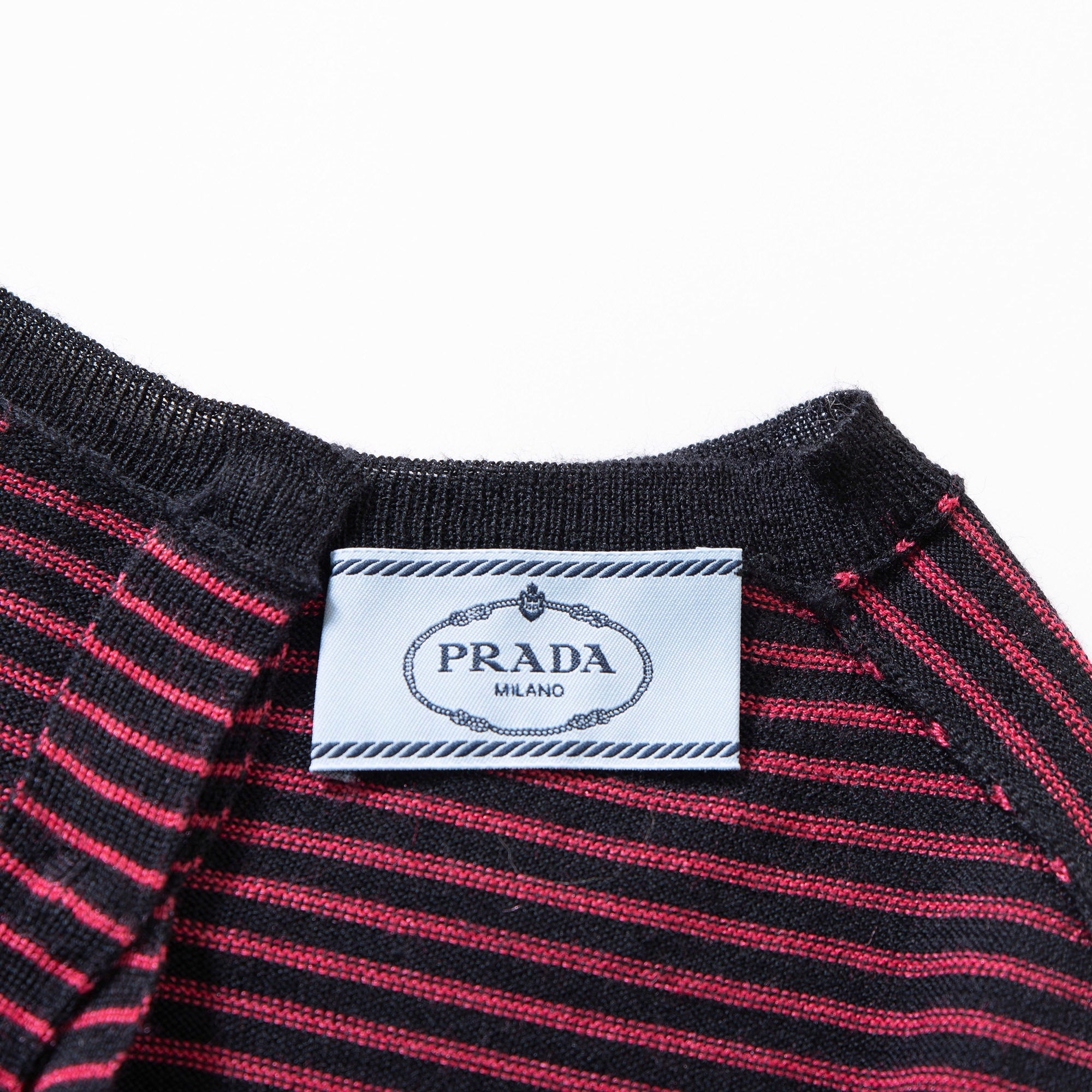 プラダ PRADA クルーネックニット マルチボーダー ブラック×レッド ウール シルク バックボダンデザイン レディーストップス セーター