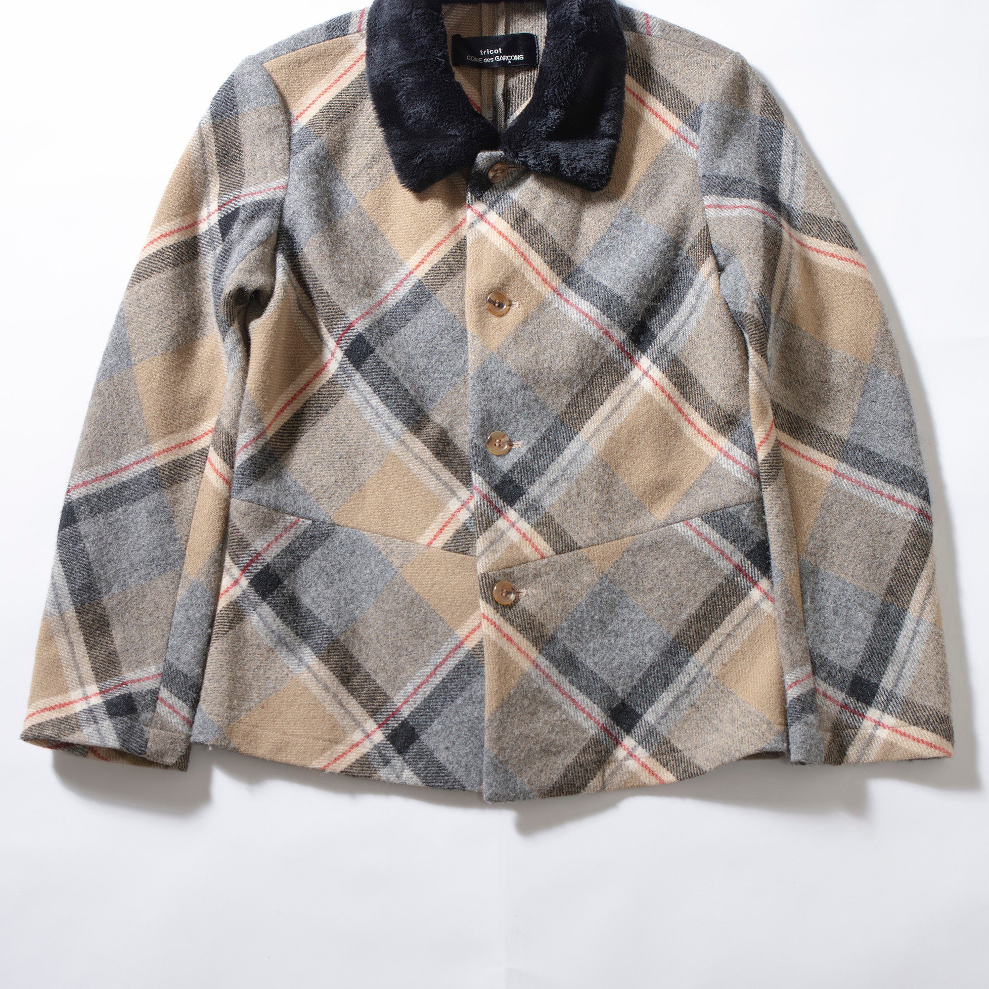 Comme des Garçons tricot AD1996 Checked Wool Jacket with Fur Collar, Women's, Made in Japan, Used Outerwear Blouson