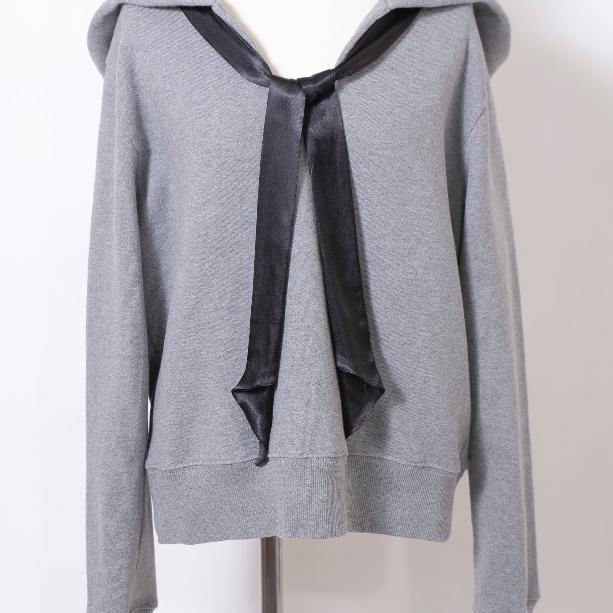MM6 Maison Margiela fleece-lined hoodie in gray with a sailor collar and satin ribbon, size S.