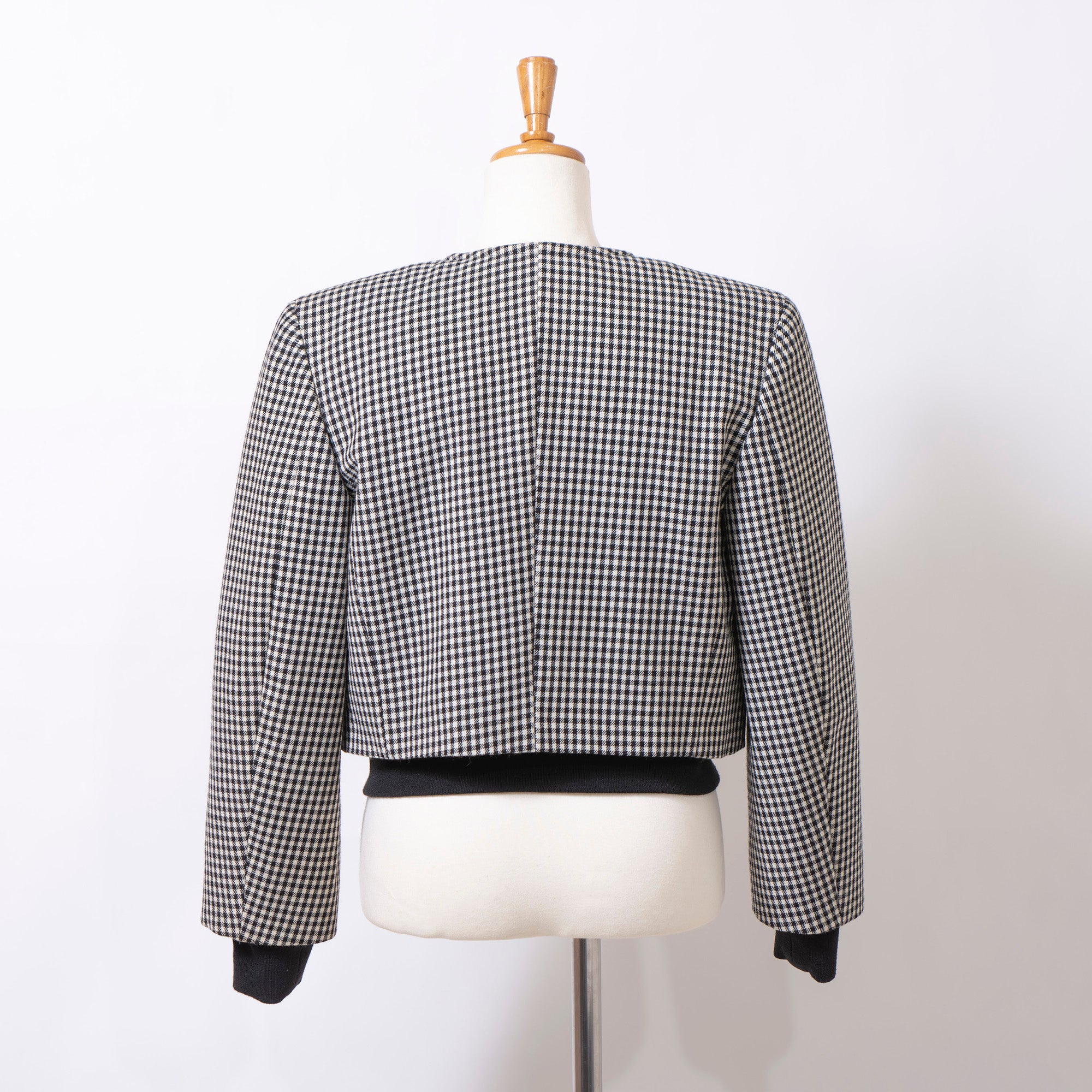 Comme des Garçons collarless jacket AD1989 with liner, archive Rei Kawakubo houndstooth check pattern short blouson
