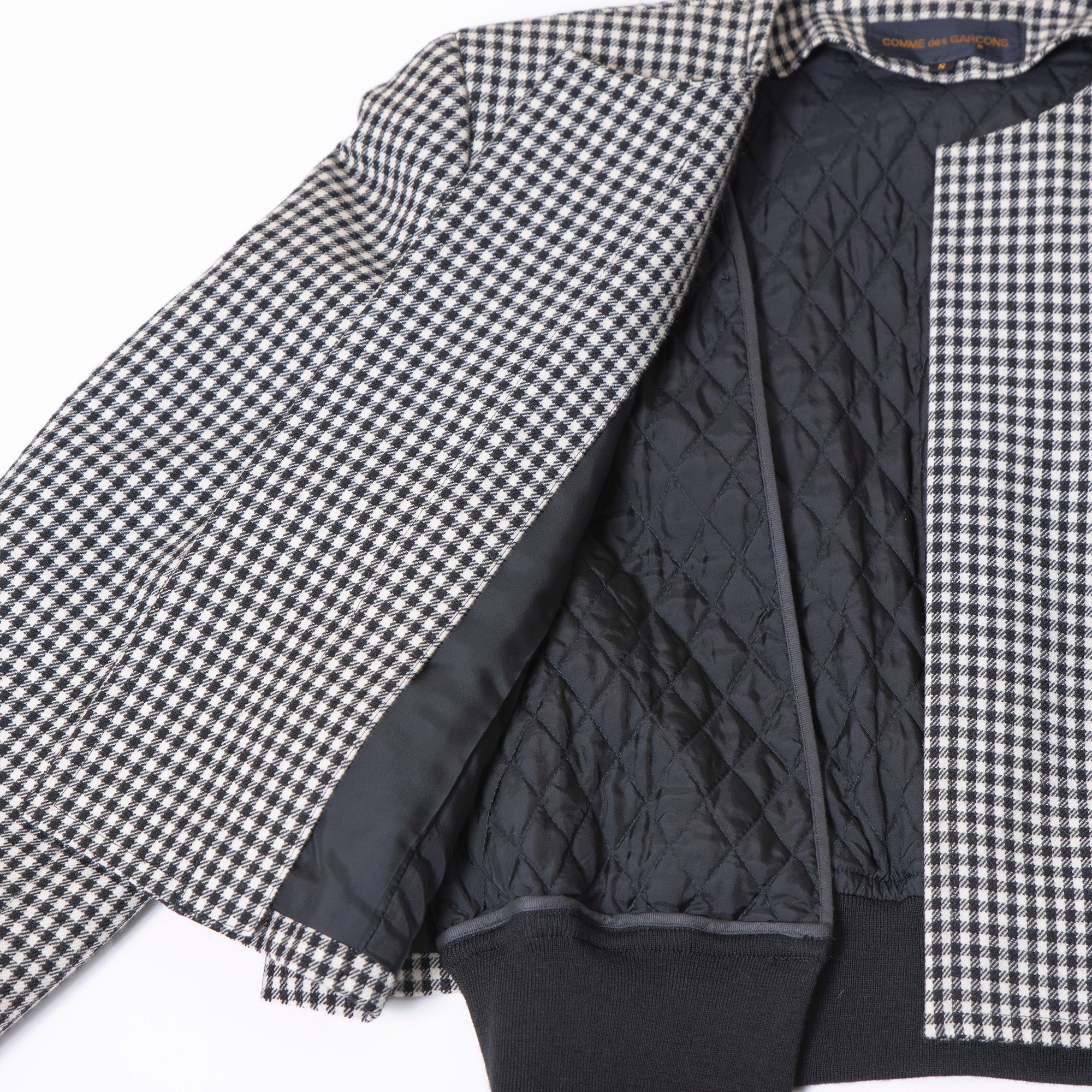 Comme des Garçons collarless jacket AD1989 with liner, archive Rei Kawakubo houndstooth check pattern short blouson