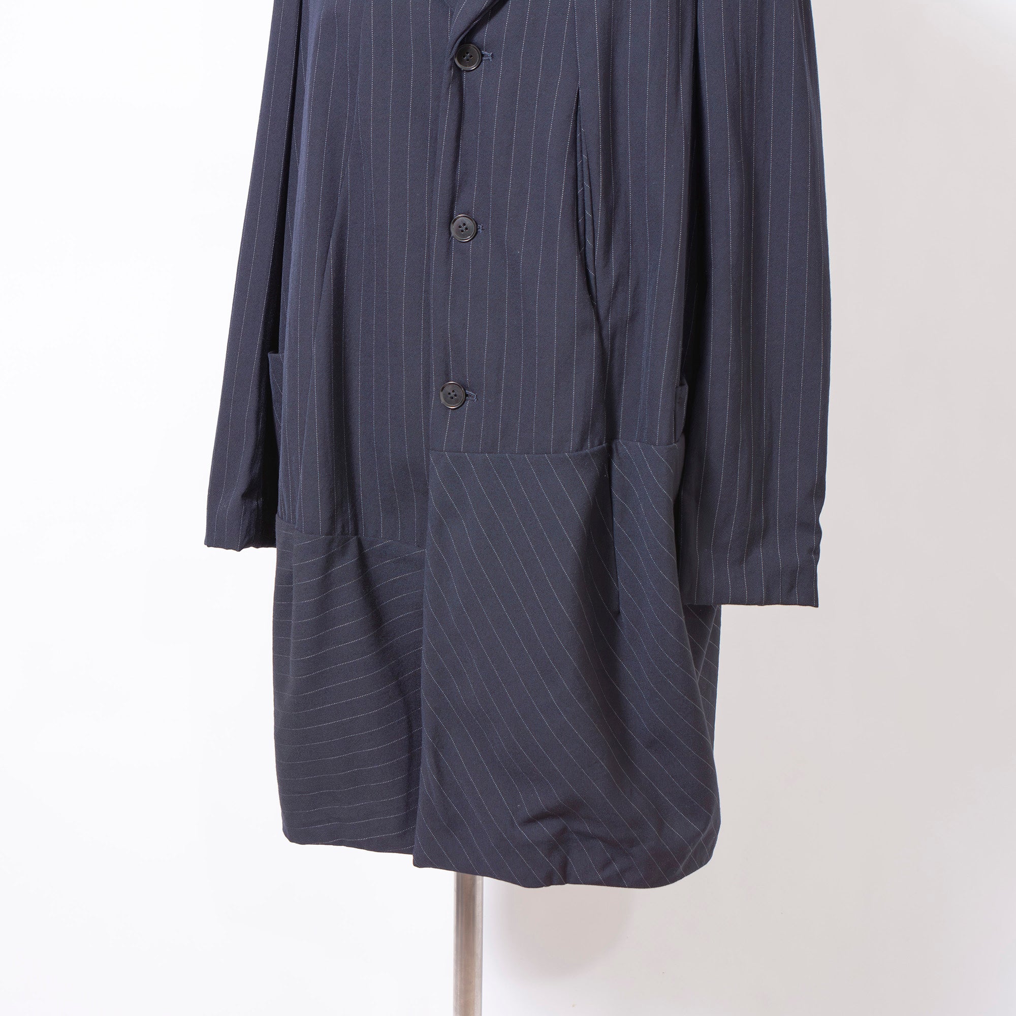 Comme des Garçons Balloon Coat, Navy, AD1992, Striped, Archive, Rei Kawakubo, Long Coat, Outerwear Jacket