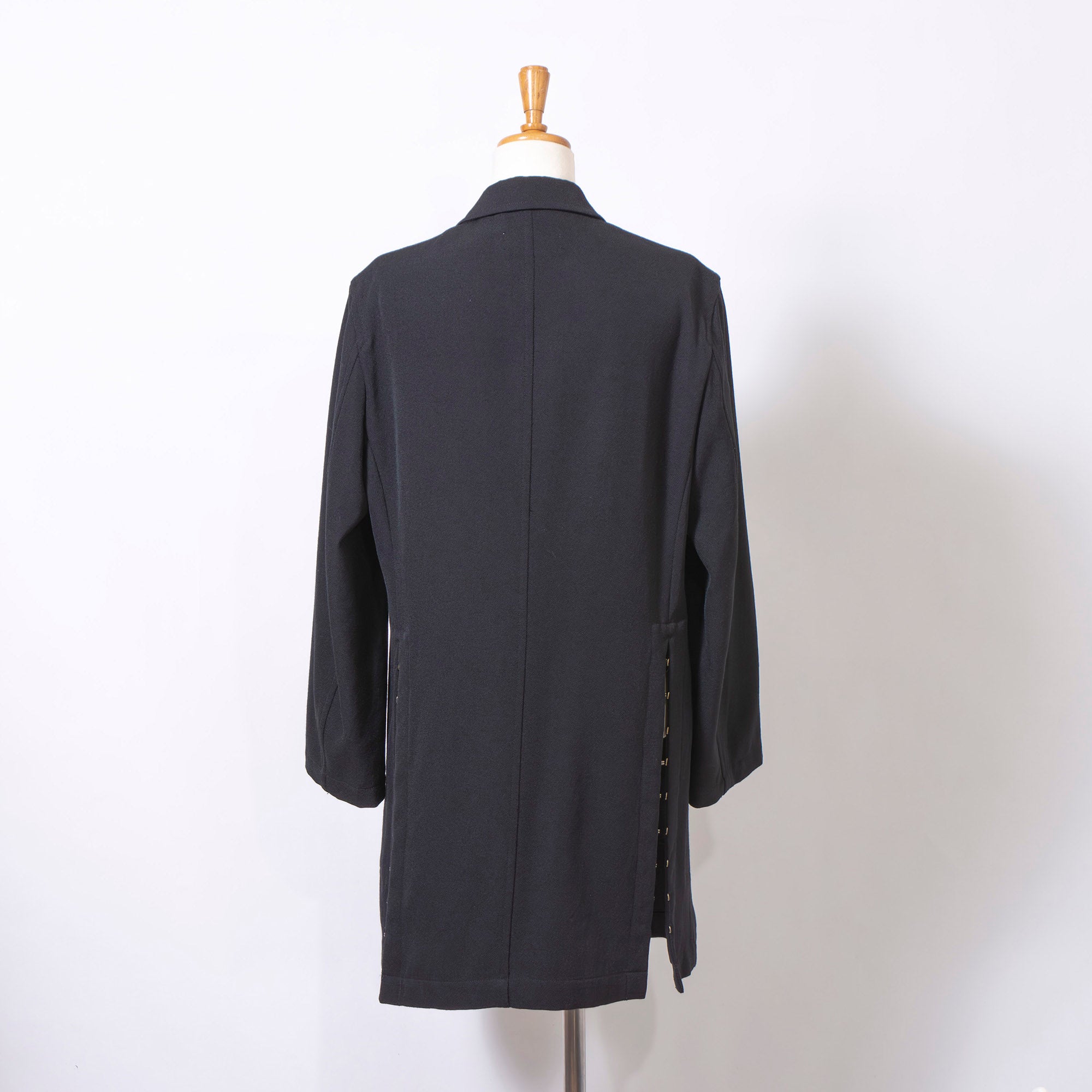 Comme des Garçons Robe de Chambre Long Coat in Black, AD1998, with Hook and Arrow Buttons, Archive, Rei Kawakubo Wool Coat