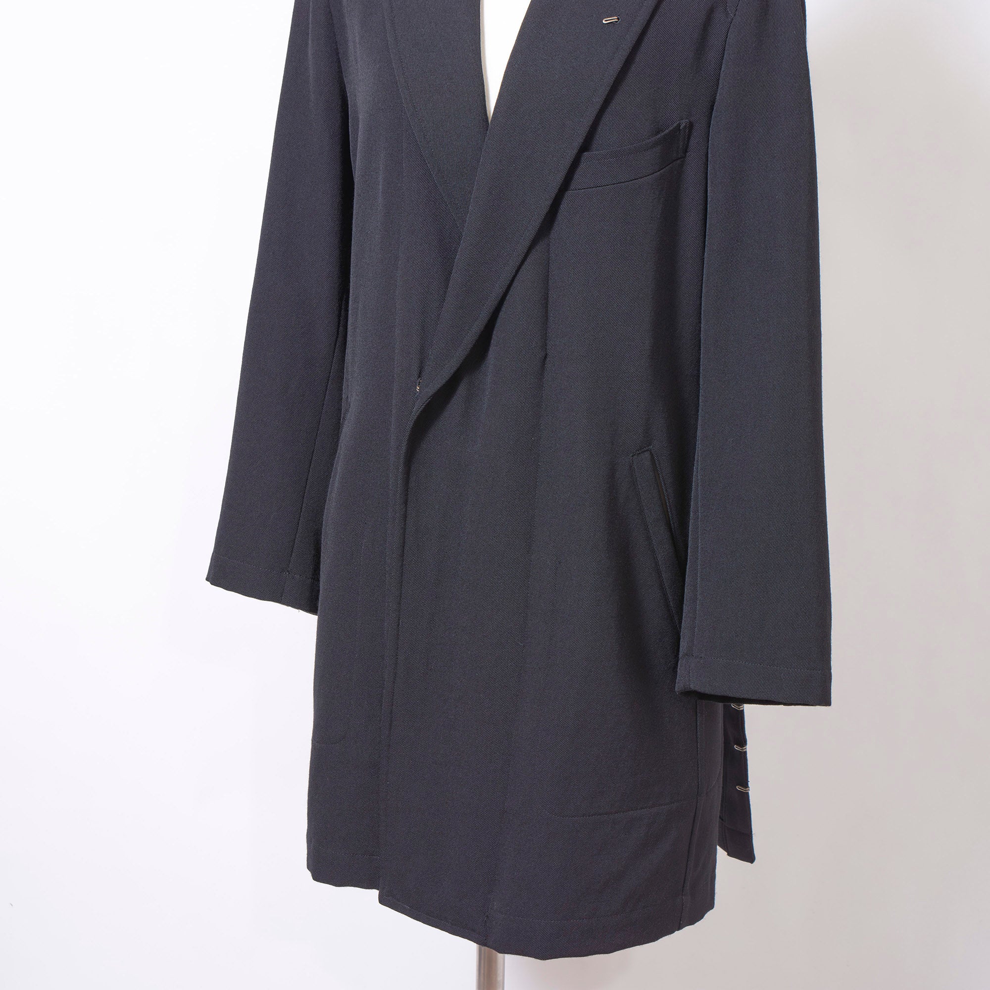 Comme des Garçons Robe de Chambre Long Coat in Black, AD1998, with Hook and Arrow Buttons, Archive, Rei Kawakubo Wool Coat