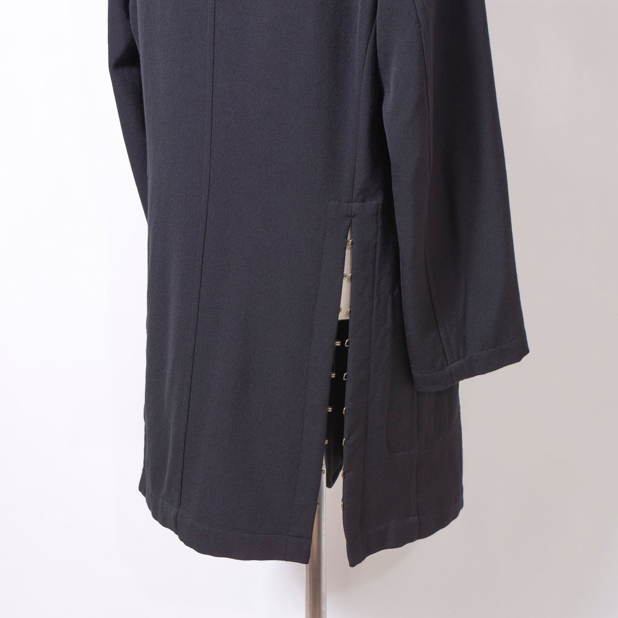 Comme des Garçons Robe de Chambre Long Coat in Black, AD1998, with Hook and Arrow Buttons, Archive, Rei Kawakubo Wool Coat