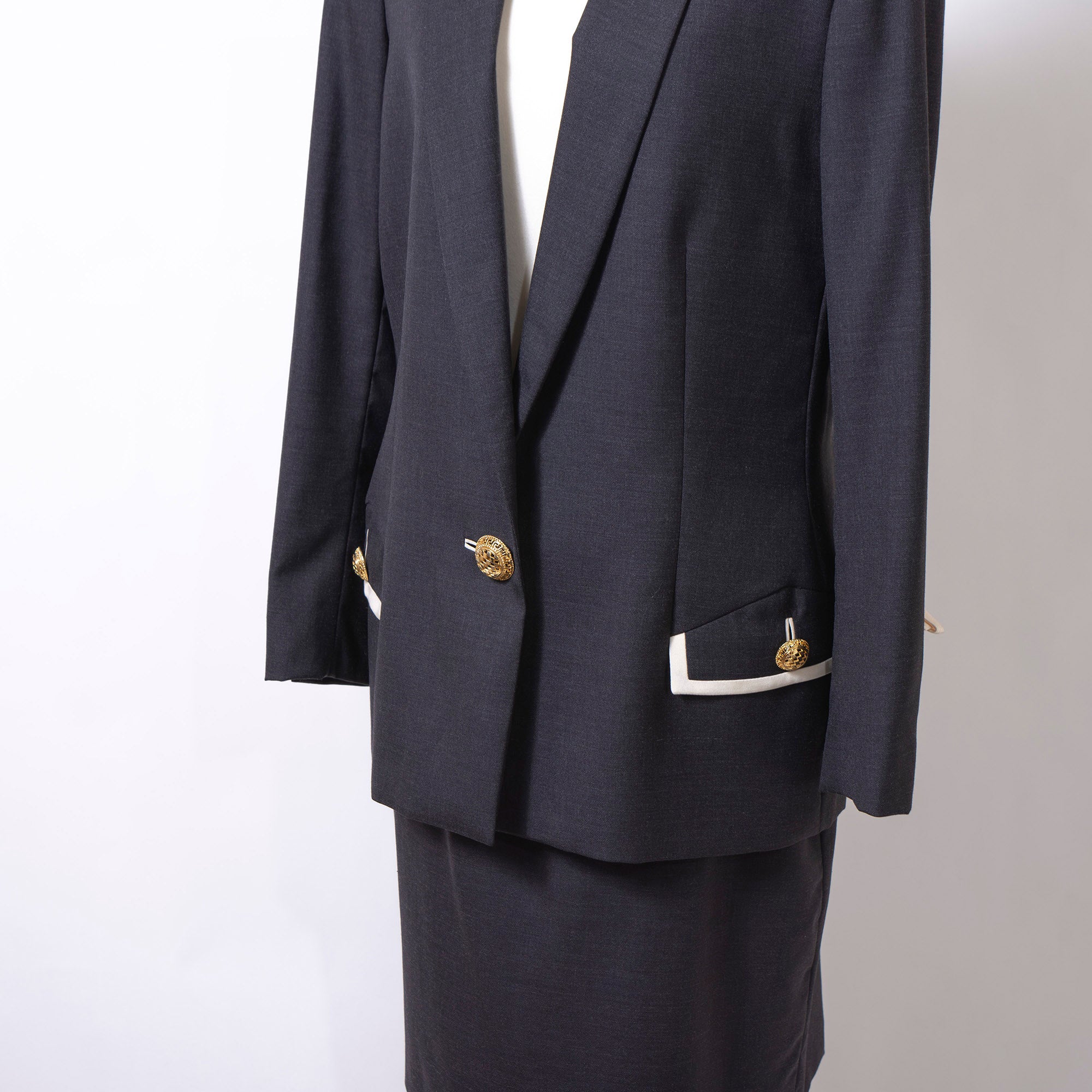 Versace GIANNI VERSACE COUTURE Women's Dark Gray Wool and Silk Skirt Suit with Gold Buttons, New with Tags