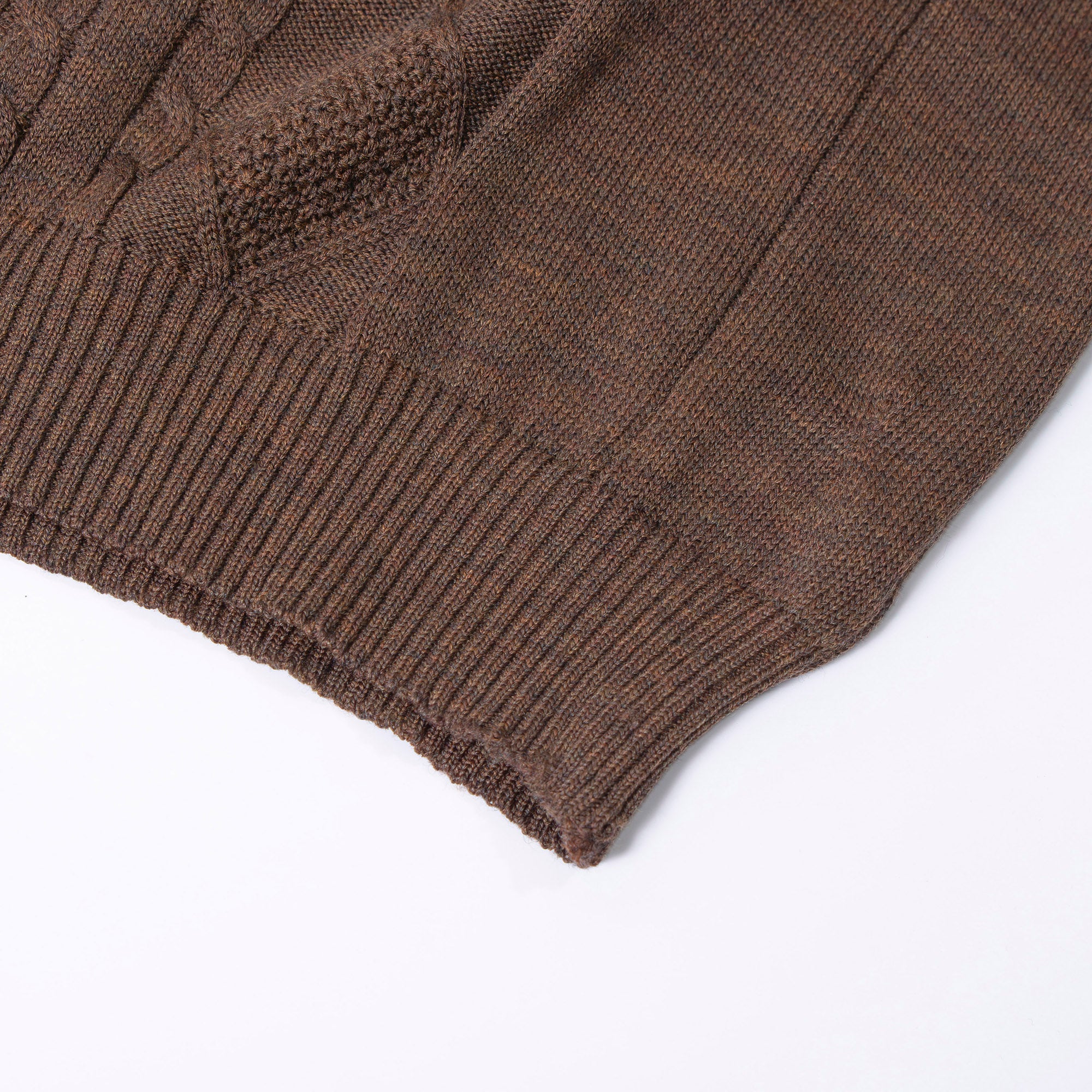 Burberry cable knit sweater with suede accents, shoulder and elbow patches, and an embroidered logo. Brown, size L. Made in England. Wool. 90s. Men's.