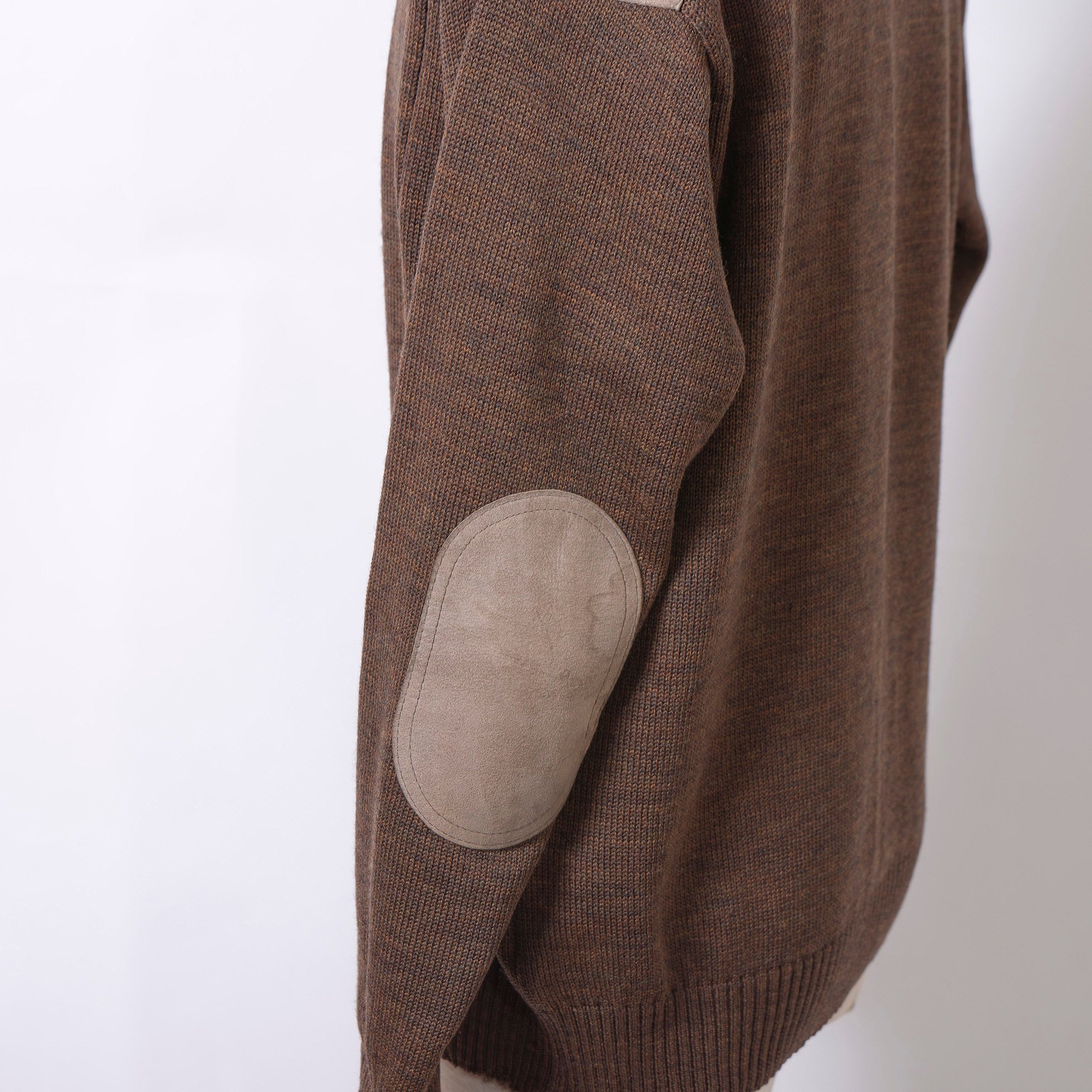 Burberry cable knit sweater with suede accents, shoulder and elbow patches, and an embroidered logo. Brown, size L. Made in England. Wool. 90s. Men's.