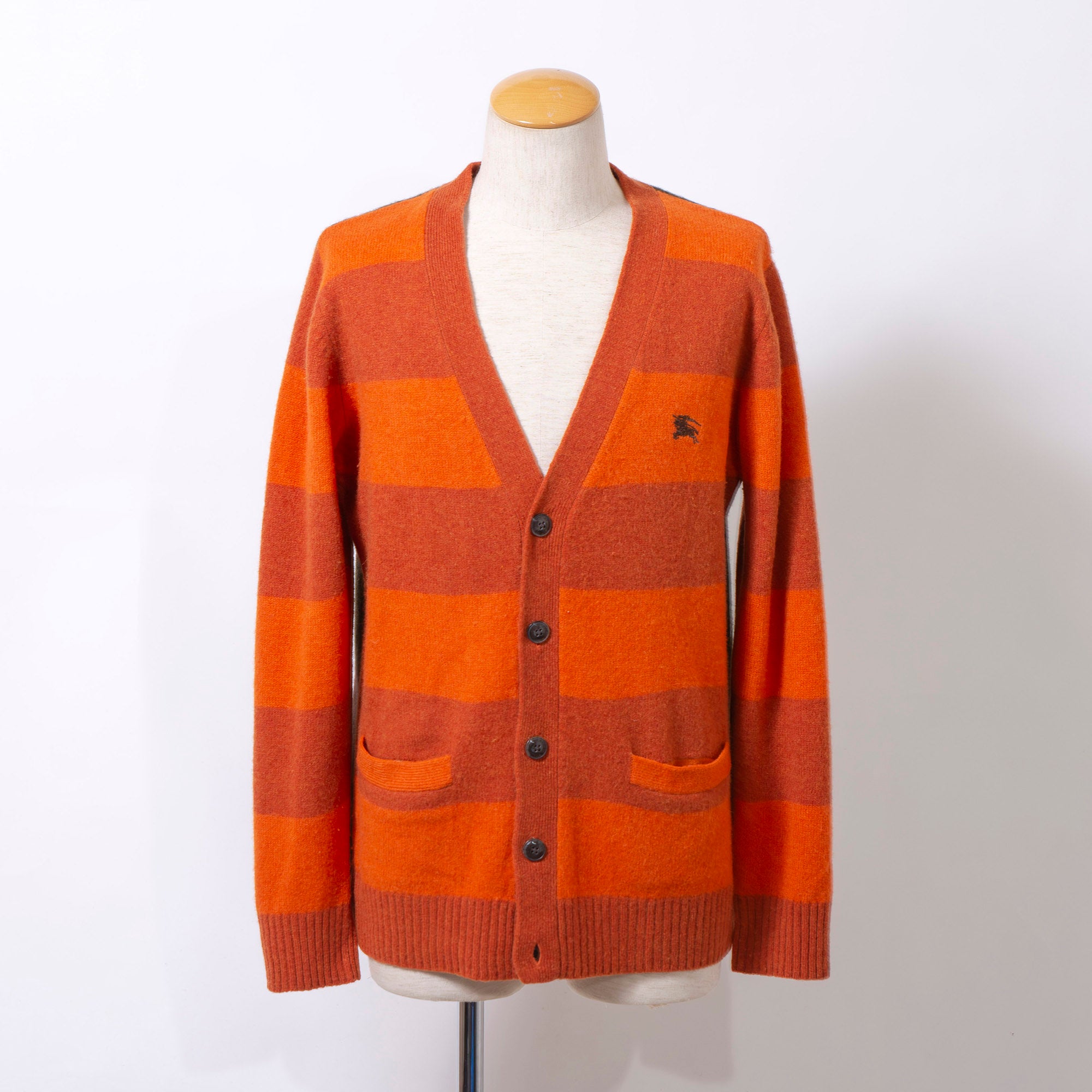 Burberry Black Label Men's Wool Striped Knit Cardigan with Embroidered Logo, Orange, Brown, and Khaki, Size 3