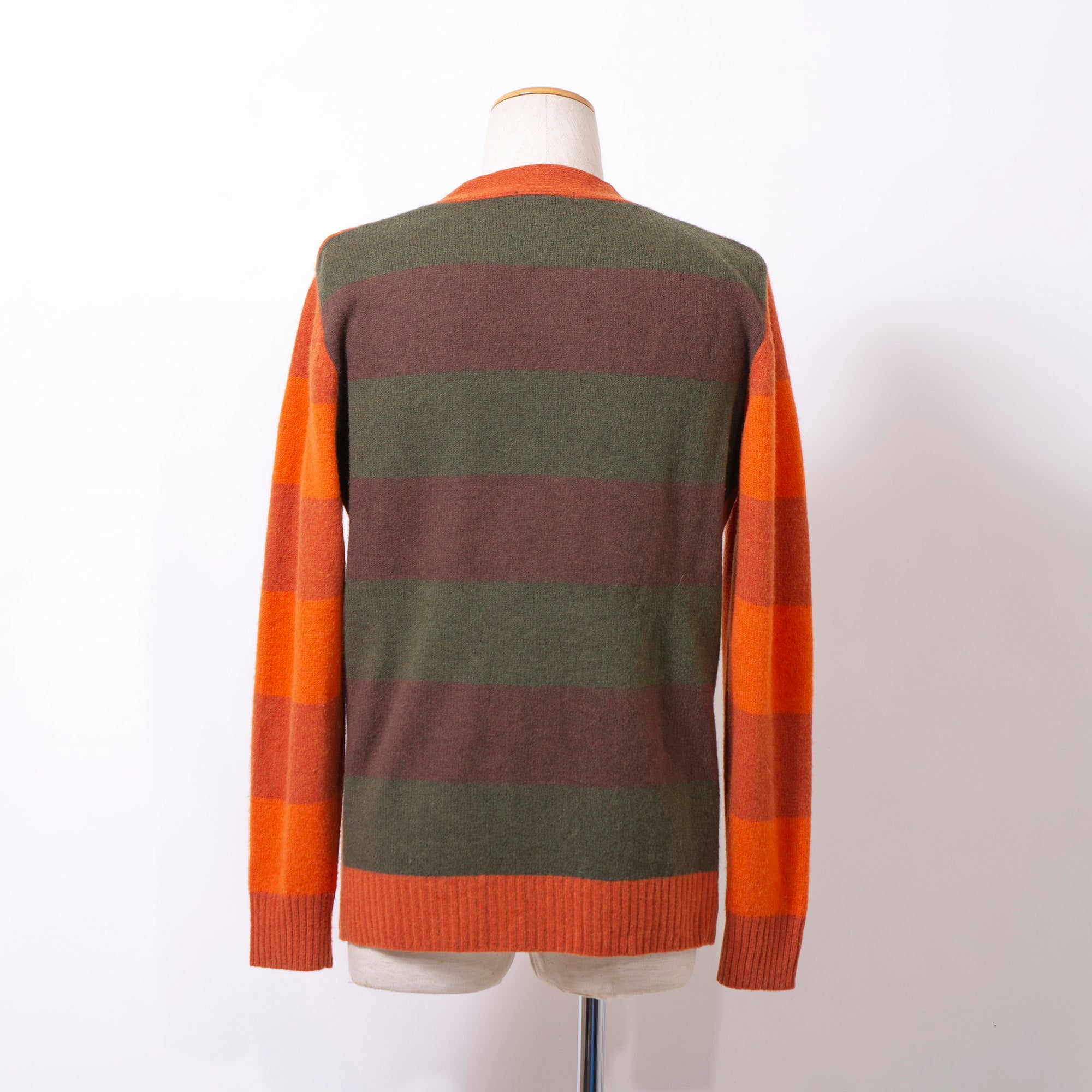 Burberry Black Label Men's Wool Striped Knit Cardigan with Embroidered Logo, Orange, Brown, and Khaki, Size 3