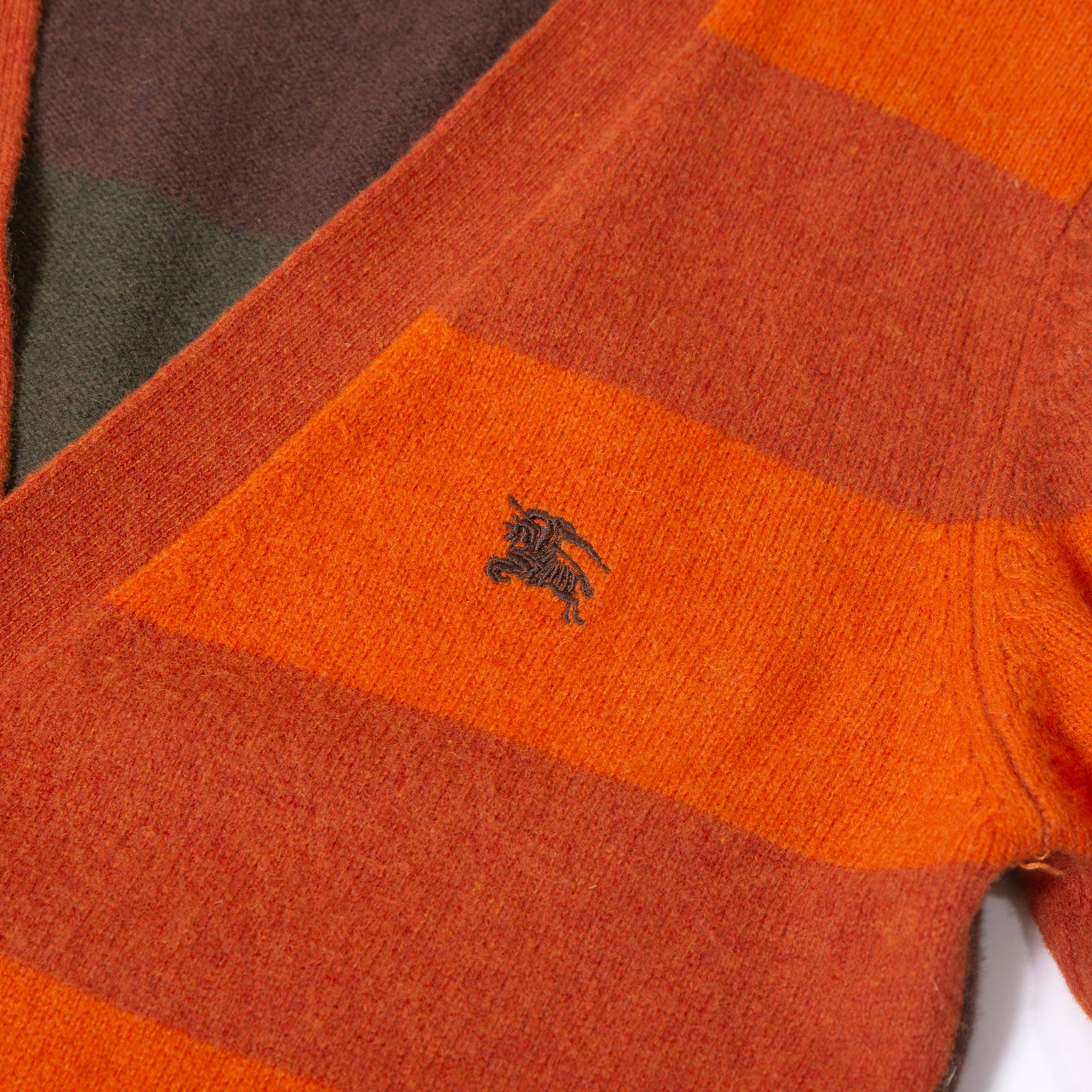 Burberry Black Label Men's Wool Striped Knit Cardigan with Embroidered Logo, Orange, Brown, and Khaki, Size 3