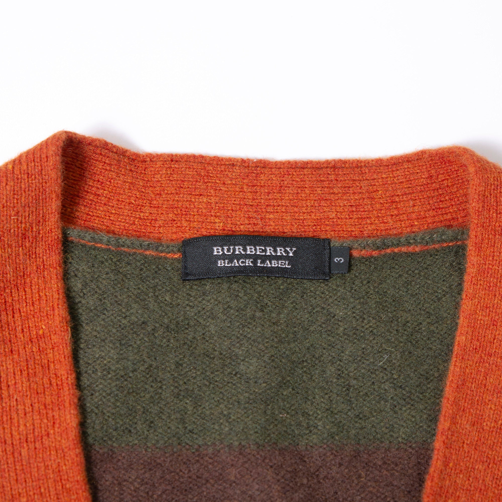 Burberry Black Label Men's Wool Striped Knit Cardigan with Embroidered Logo, Orange, Brown, and Khaki, Size 3