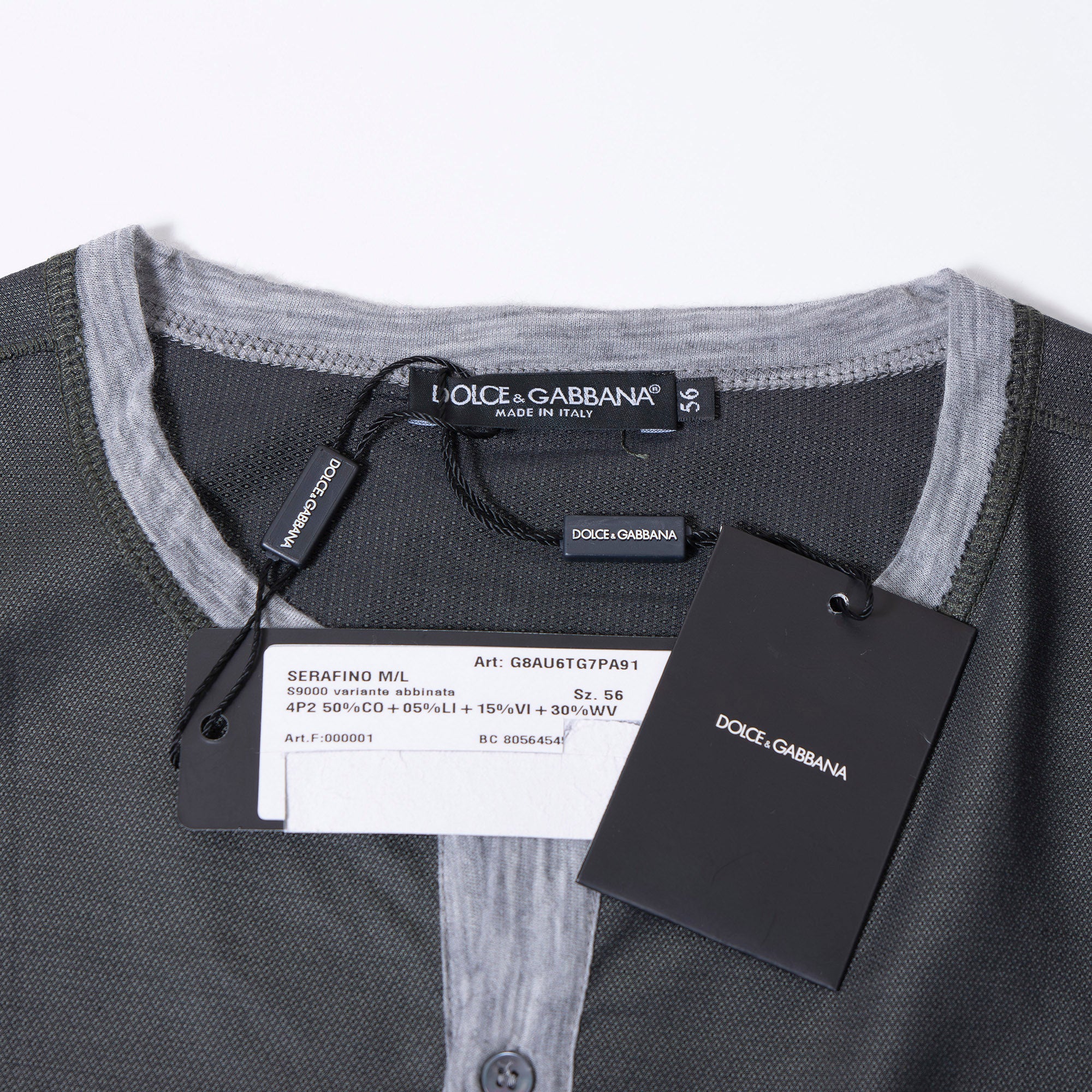 Dolce & Gabbana Henley neck long-sleeve cut-and-sew khaki and gray reconstructed docking pocket T-shirt size 56, made in Italy
