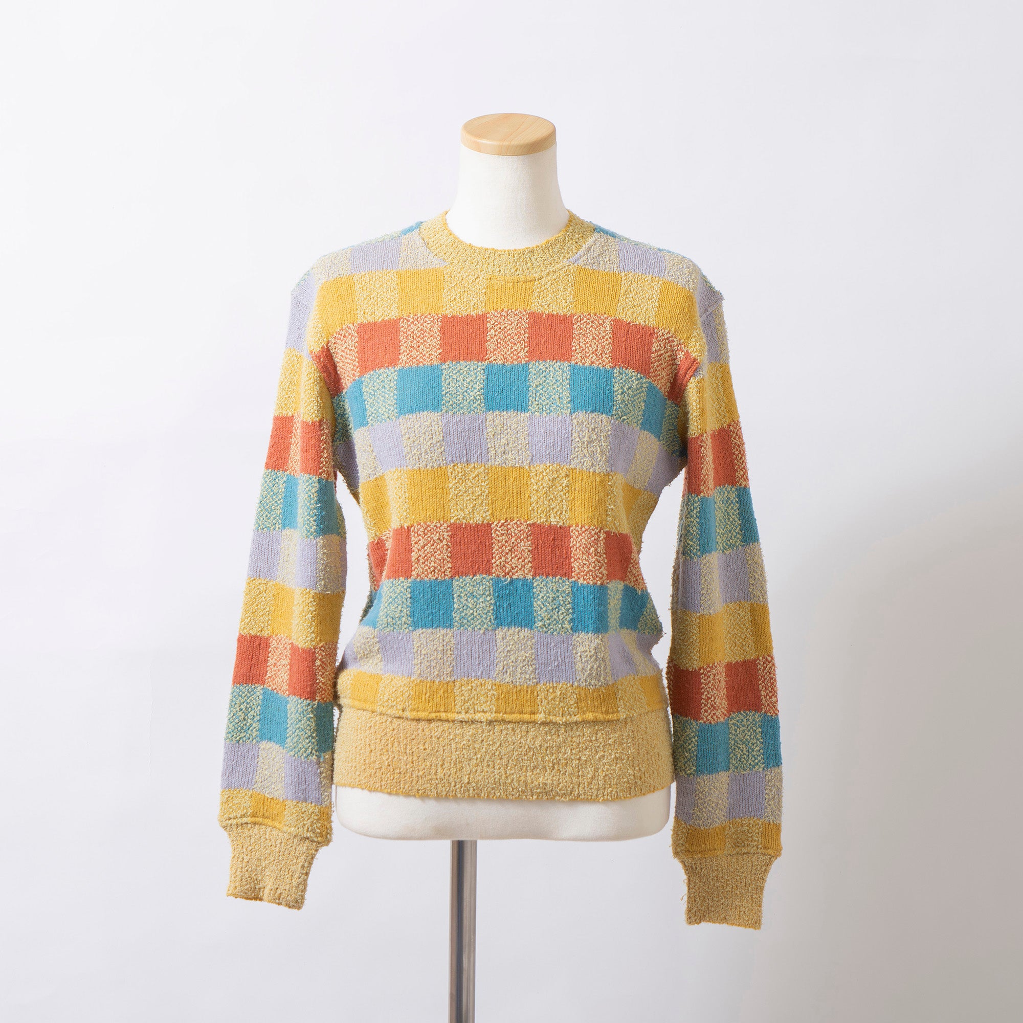 【古着】ミッソーニ MISSONI クルーネック ニット セーター ブークレ チェック柄 マルチカラー S 長袖 イタリア製 レディース ユニセックス メンズ【中古】【ブランド古着】【USED】