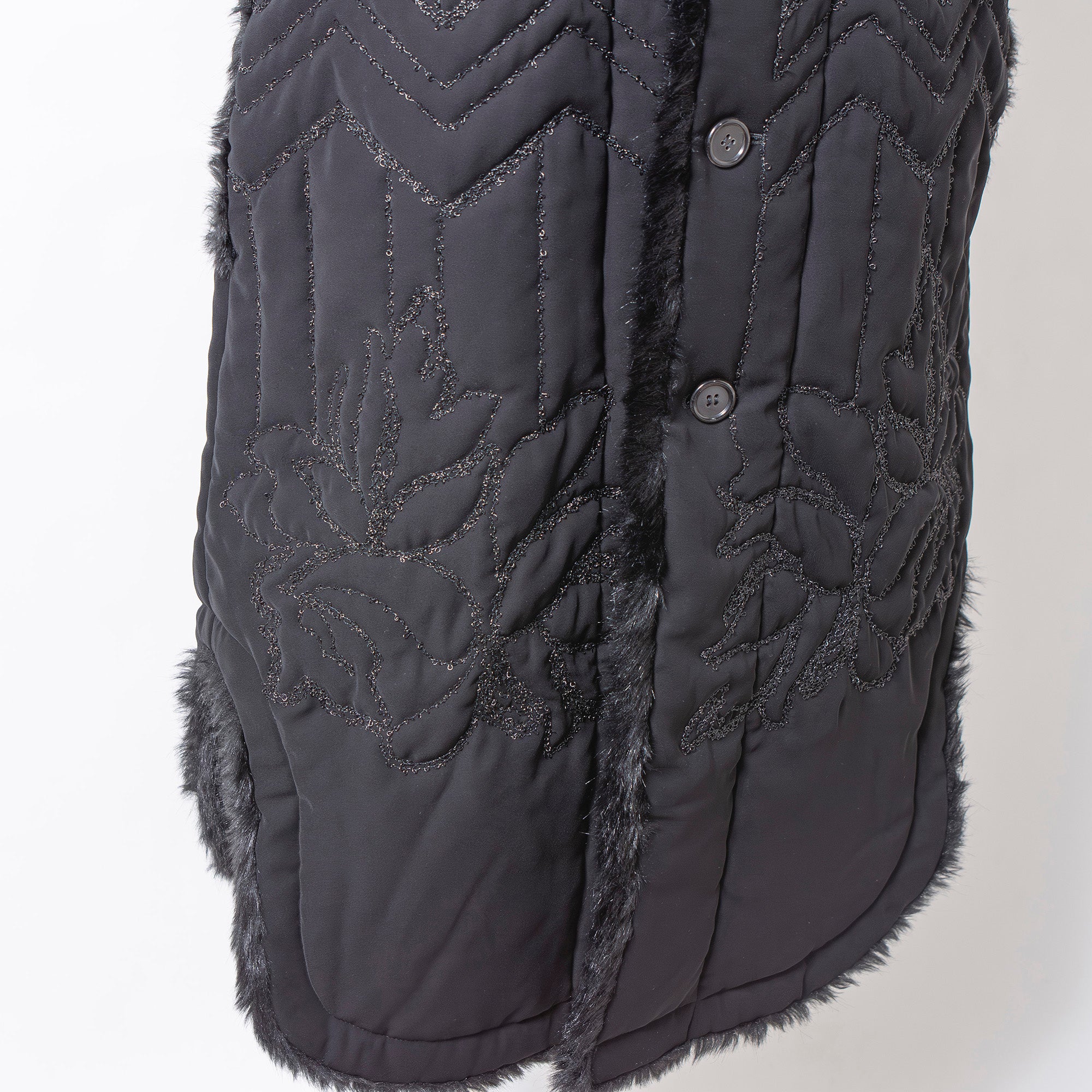 【古着】コムデギャルソン noir kei ninomiya AD2019 フラワーキルティング ベスト ノースリーブ ロング丈 ジレコート ブラック S 二宮啓 再構築 デザインベスト ファー切り替え レディース アウター ロングダウン ダウンベスト 日本製【中古】【ブランド古着】【USED】