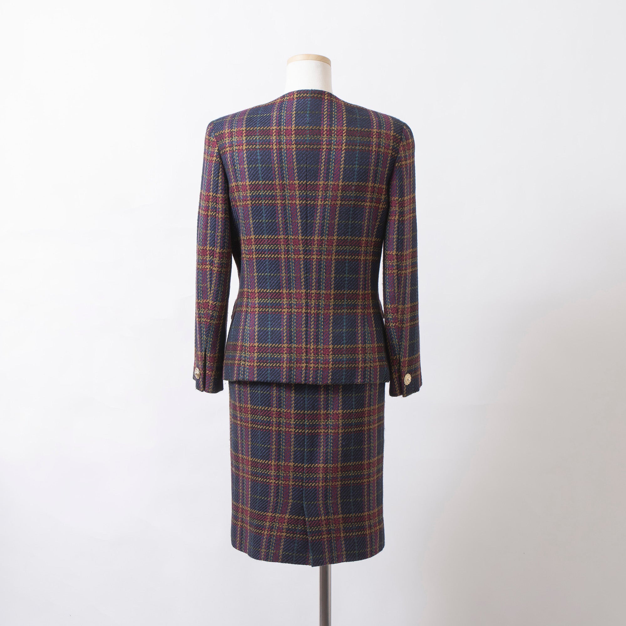Burberrys 90s Tweed Set-up Jacket and Skirt, Check Pattern, Multicolor, Collarless, Gold Buttons, Wool-Silk Blend.