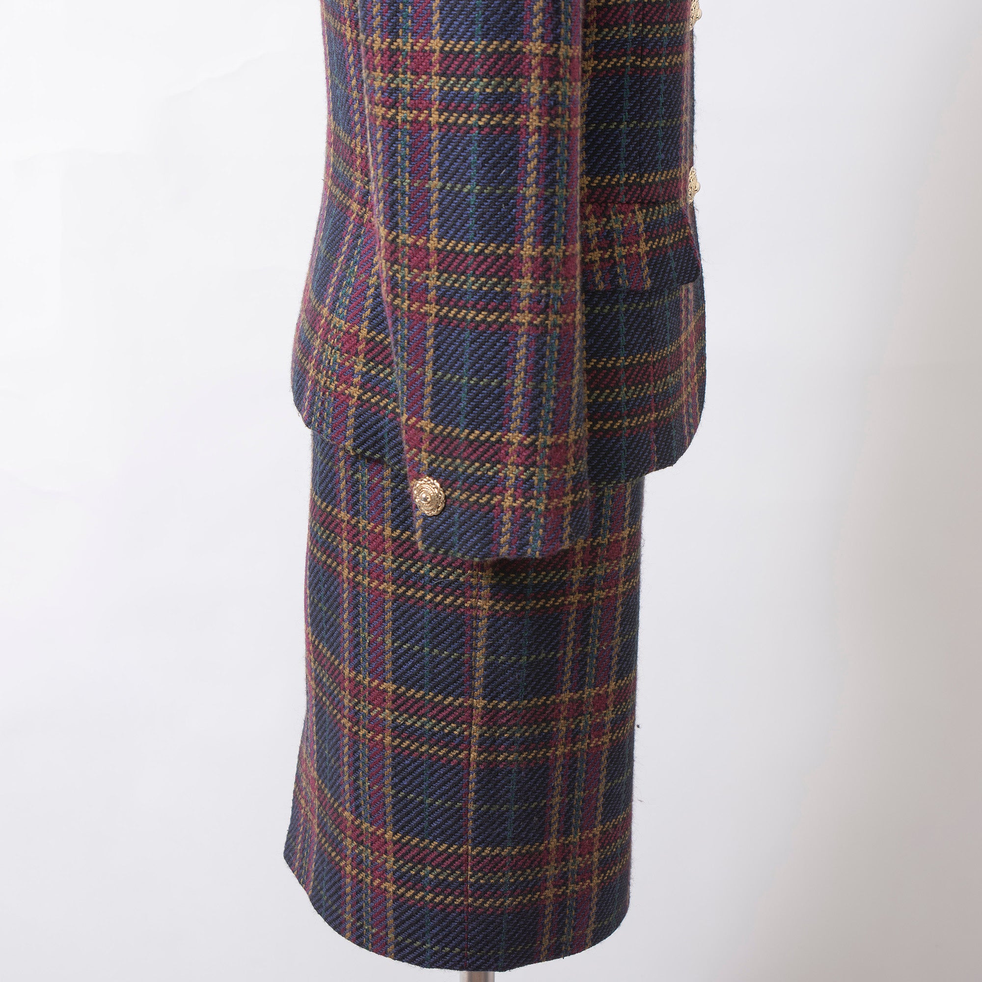 Burberrys 90s Tweed Set-up Jacket and Skirt, Check Pattern, Multicolor, Collarless, Gold Buttons, Wool-Silk Blend.