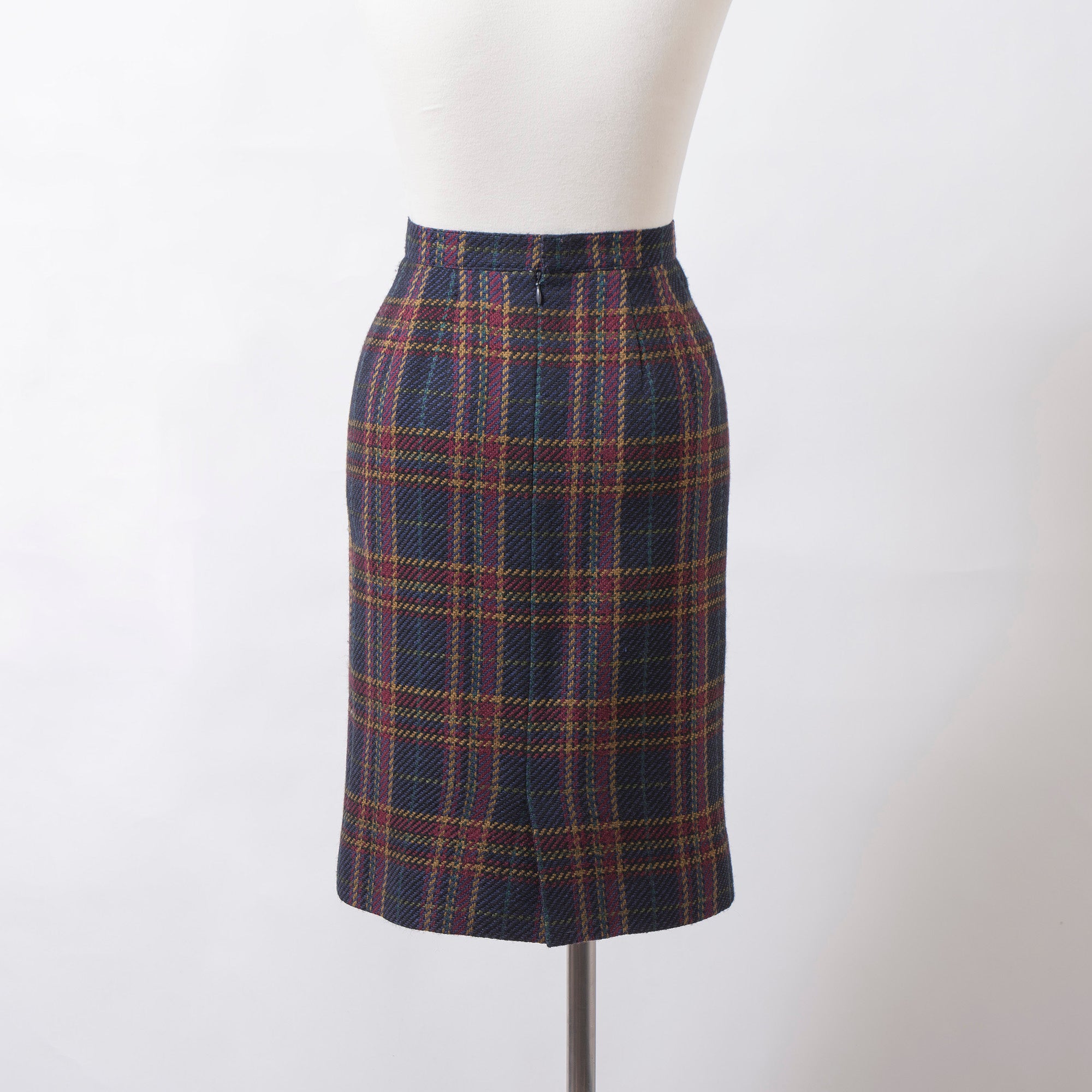 Burberrys 90s Tweed Set-up Jacket and Skirt, Check Pattern, Multicolor, Collarless, Gold Buttons, Wool-Silk Blend.