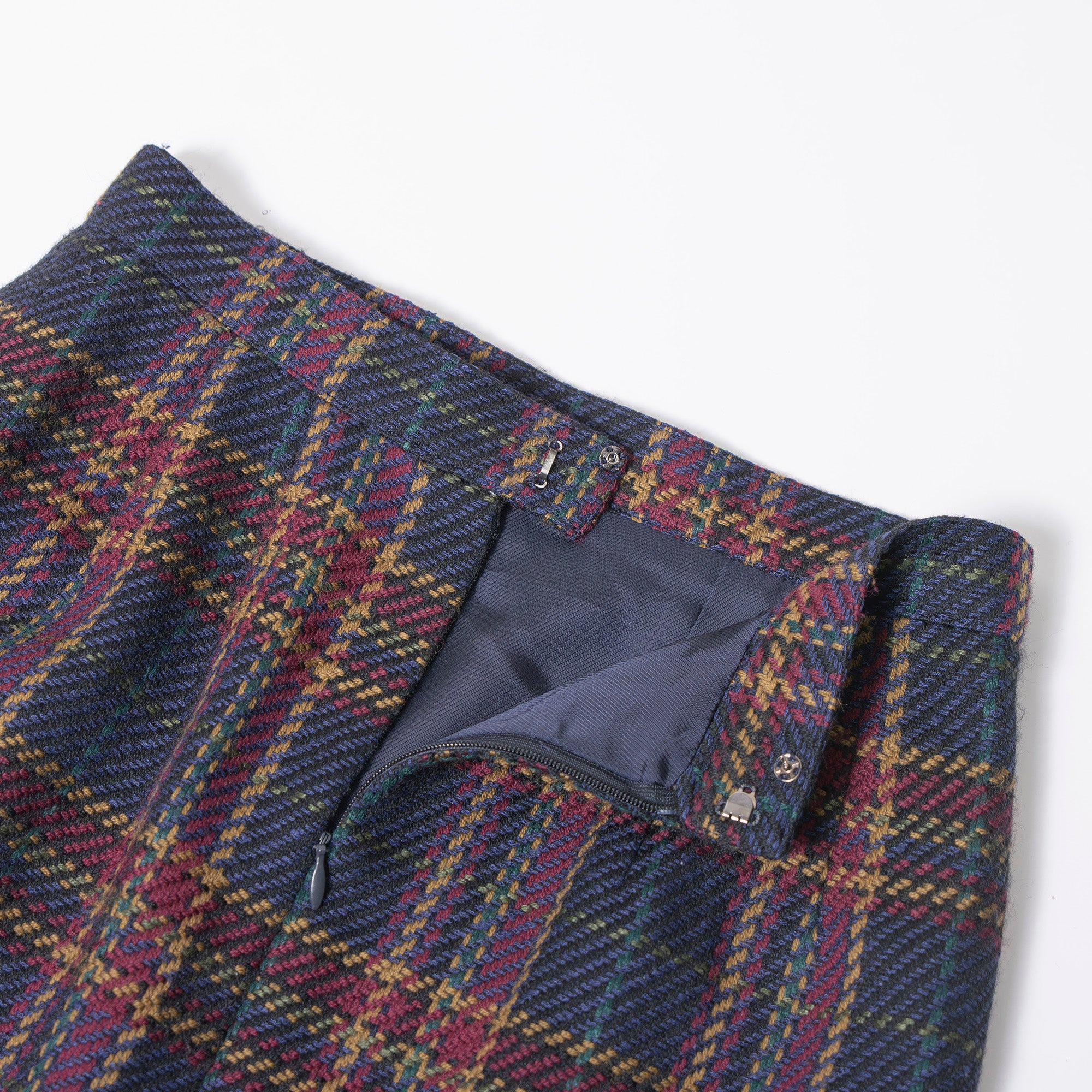 Burberrys 90s Tweed Set-up Jacket and Skirt, Check Pattern, Multicolor, Collarless, Gold Buttons, Wool-Silk Blend.