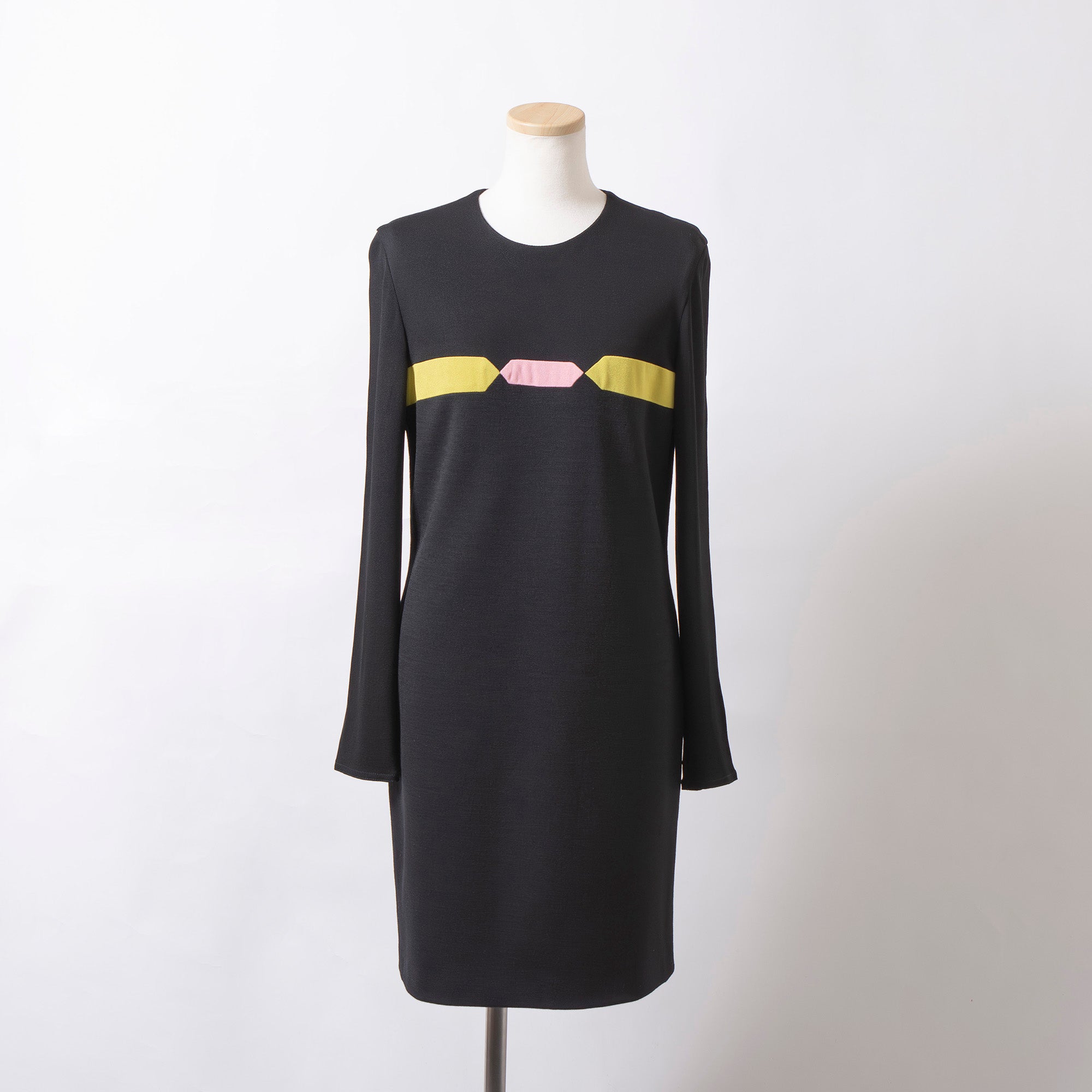 ヴェルサーチ GIANNI VERSACE COUTURE ニットワンピース 幾何学デザイン ブラック イエロー×ピンク 長袖 ウール混 レディース イタリア製