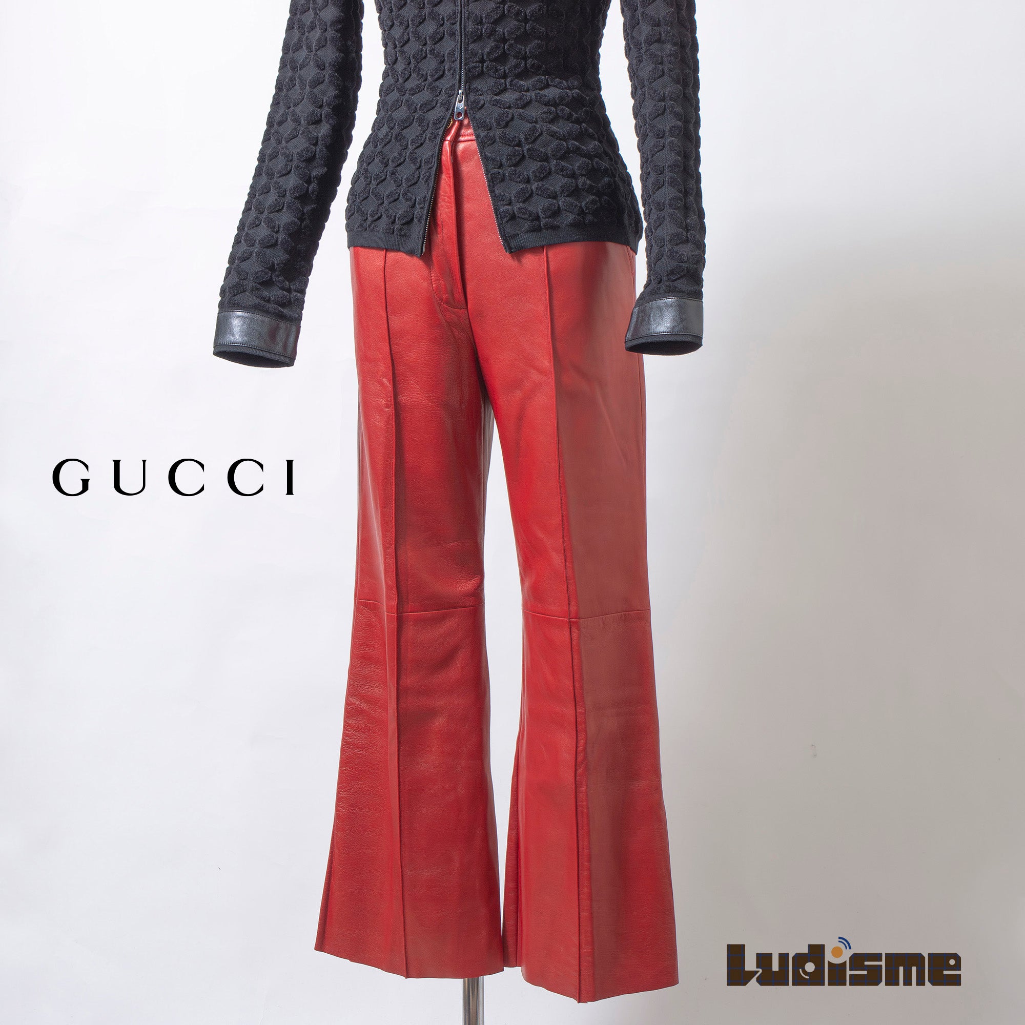 グッチ GUCCI 2020プレフォールコレクション レザー フレアパンツ レッド 本革 40 レディース ハイウエスト イタリア ボトムス トラウザー