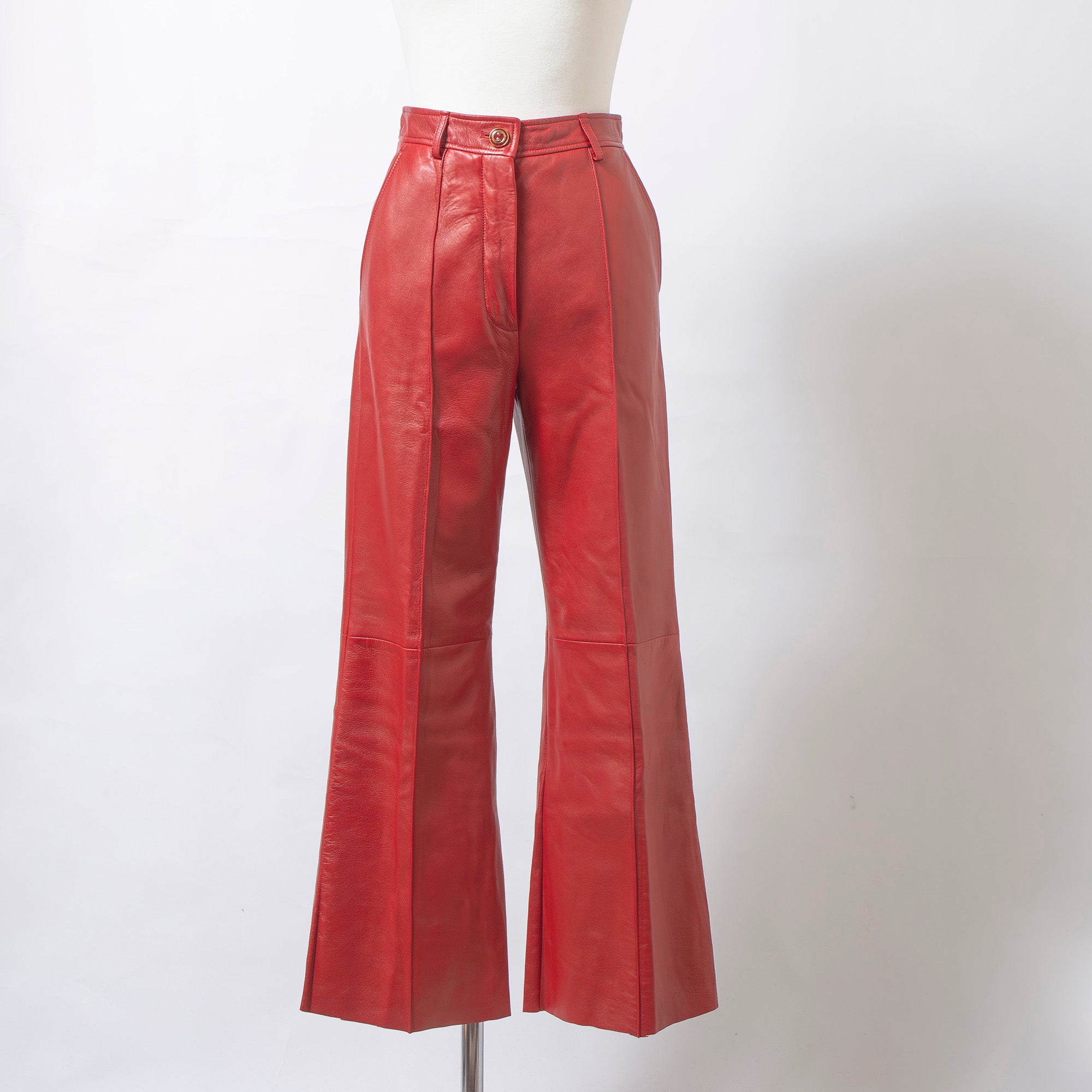 グッチ GUCCI 2020プレフォールコレクション レザー フレアパンツ レッド 本革 40 レディース ハイウエスト イタリア ボトムス トラウザー