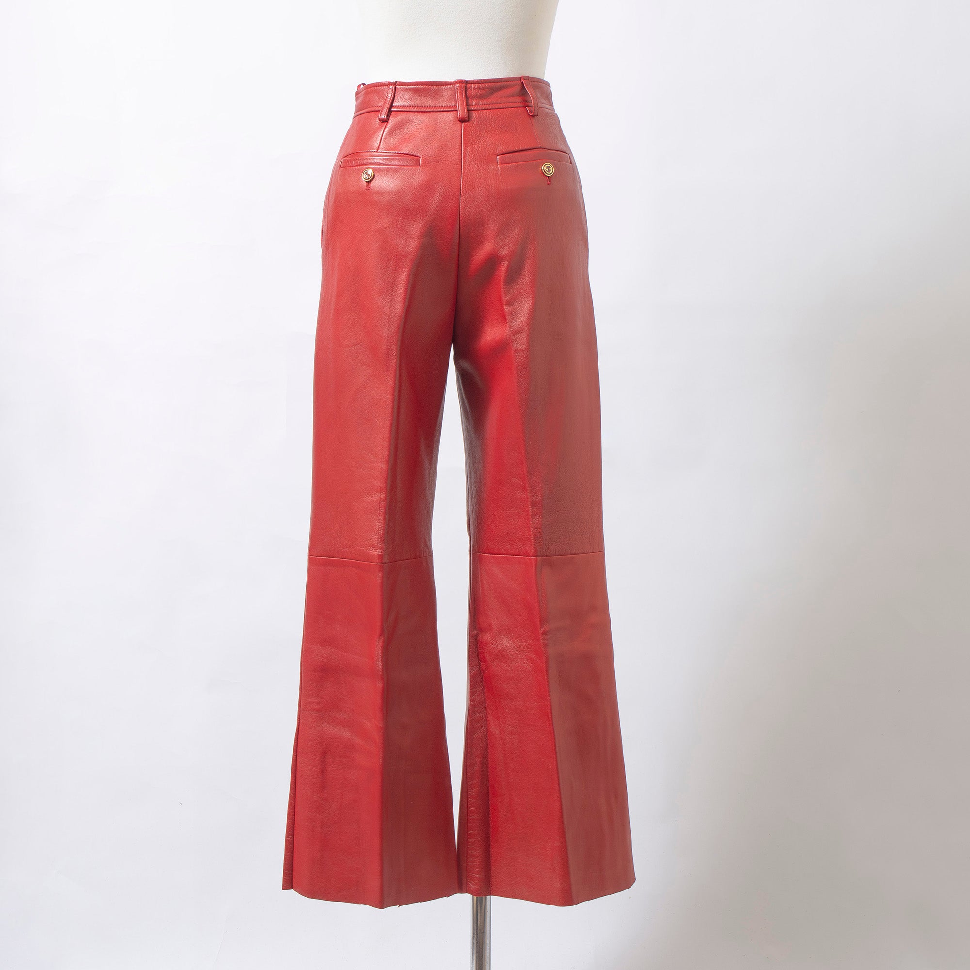 グッチ GUCCI 2020プレフォールコレクション レザー フレアパンツ レッド 本革 40 レディース ハイウエスト イタリア ボトムス トラウザー