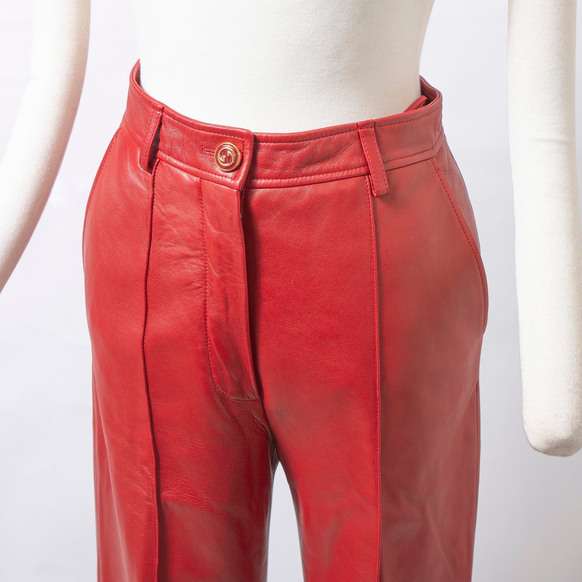 グッチ GUCCI 2020プレフォールコレクション レザー フレアパンツ レッド 本革 40 レディース ハイウエスト イタリア ボトムス トラウザー