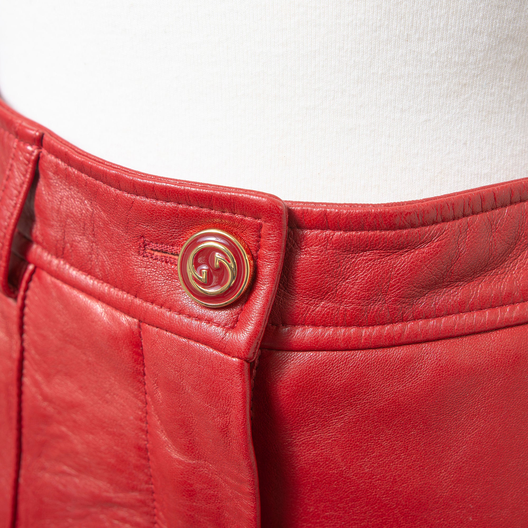 グッチ GUCCI 2020プレフォールコレクション レザー フレアパンツ レッド 本革 40 レディース ハイウエスト イタリア ボトムス トラウザー