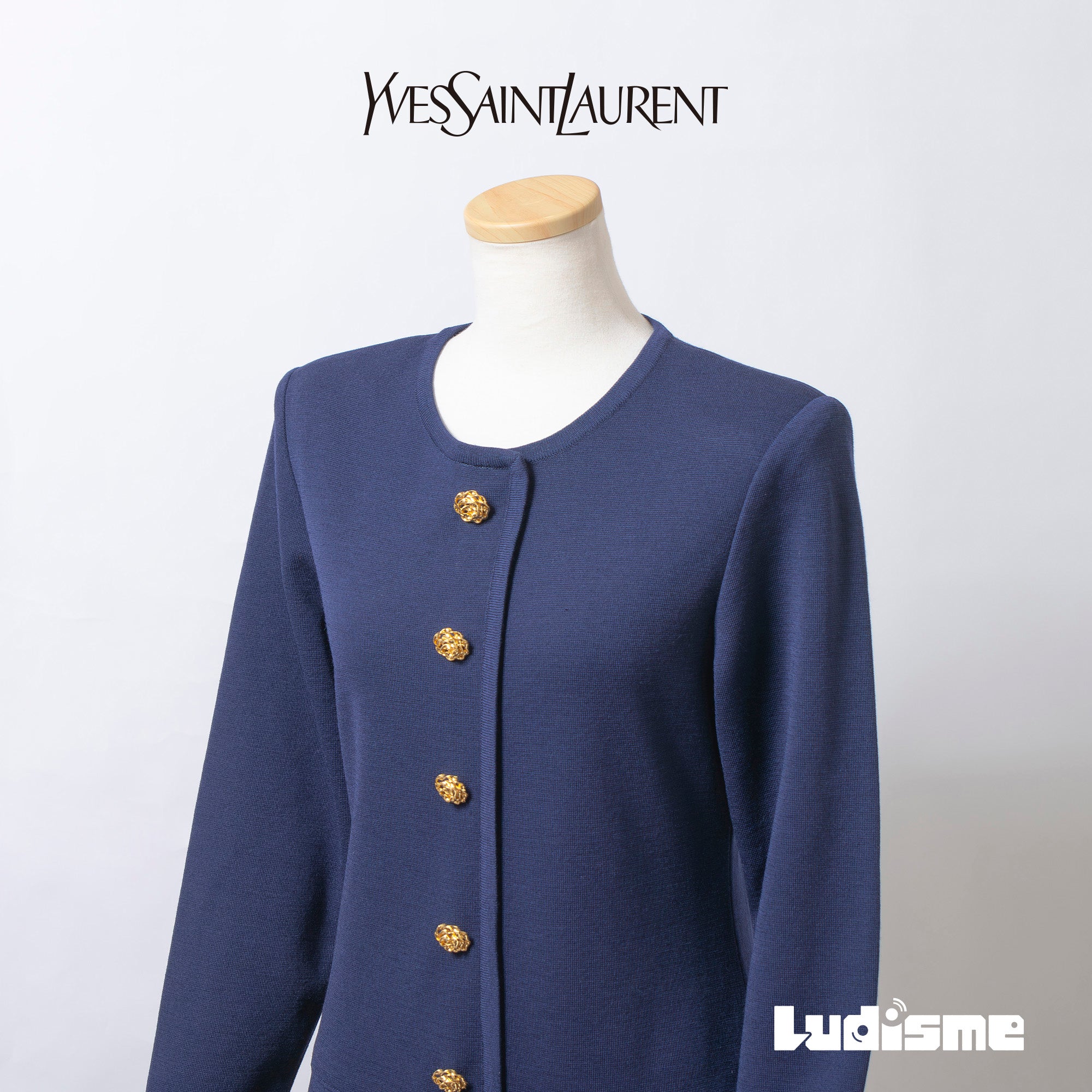 イヴサンローラン Yves Saint Laurent ニットワンピース ネイビー M ゴールドボタン フレアシルエット オールインワン ドレス プルオーバー