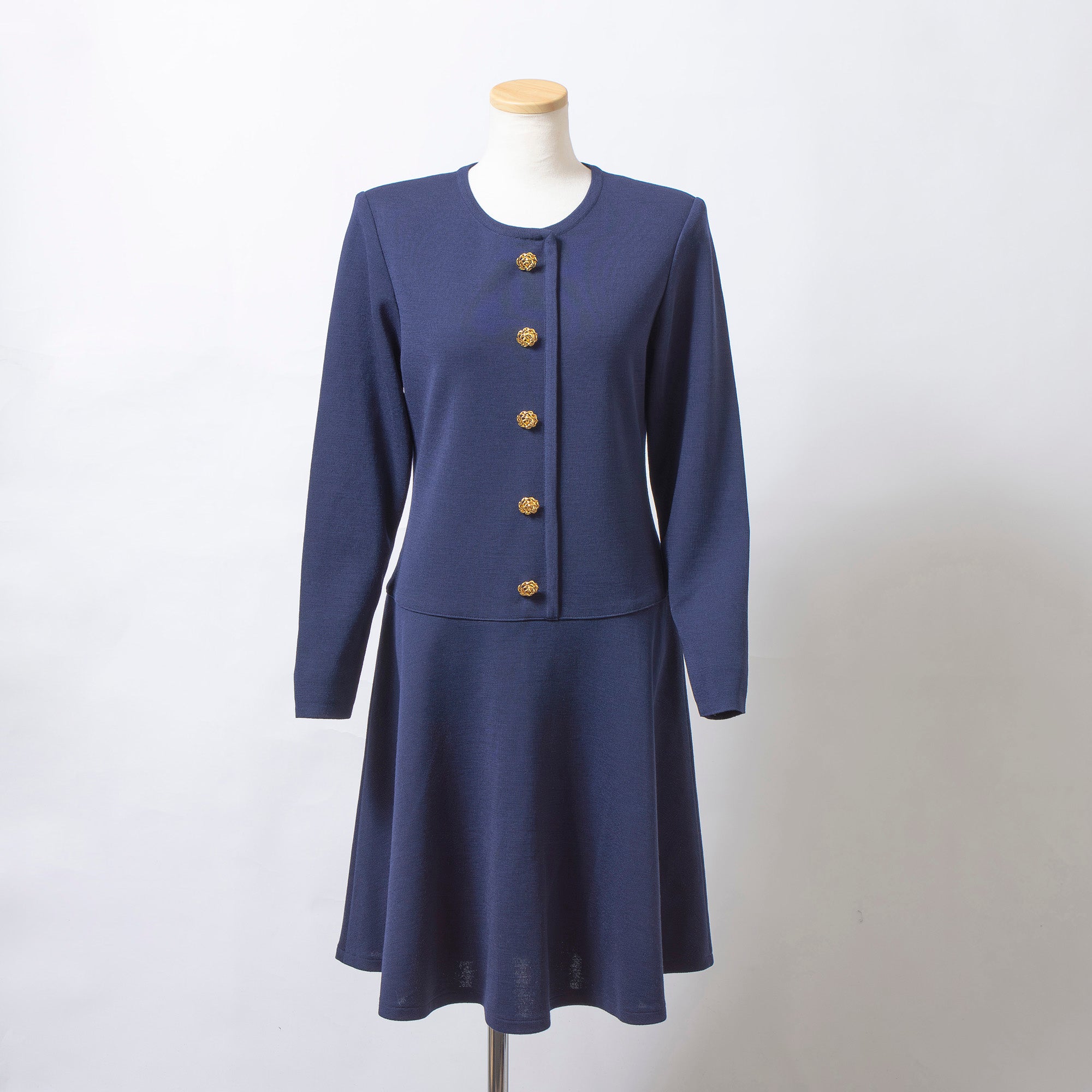 イヴサンローラン Yves Saint Laurent ニットワンピース ネイビー M ゴールドボタン フレアシルエット オールインワン ドレス プルオーバー
