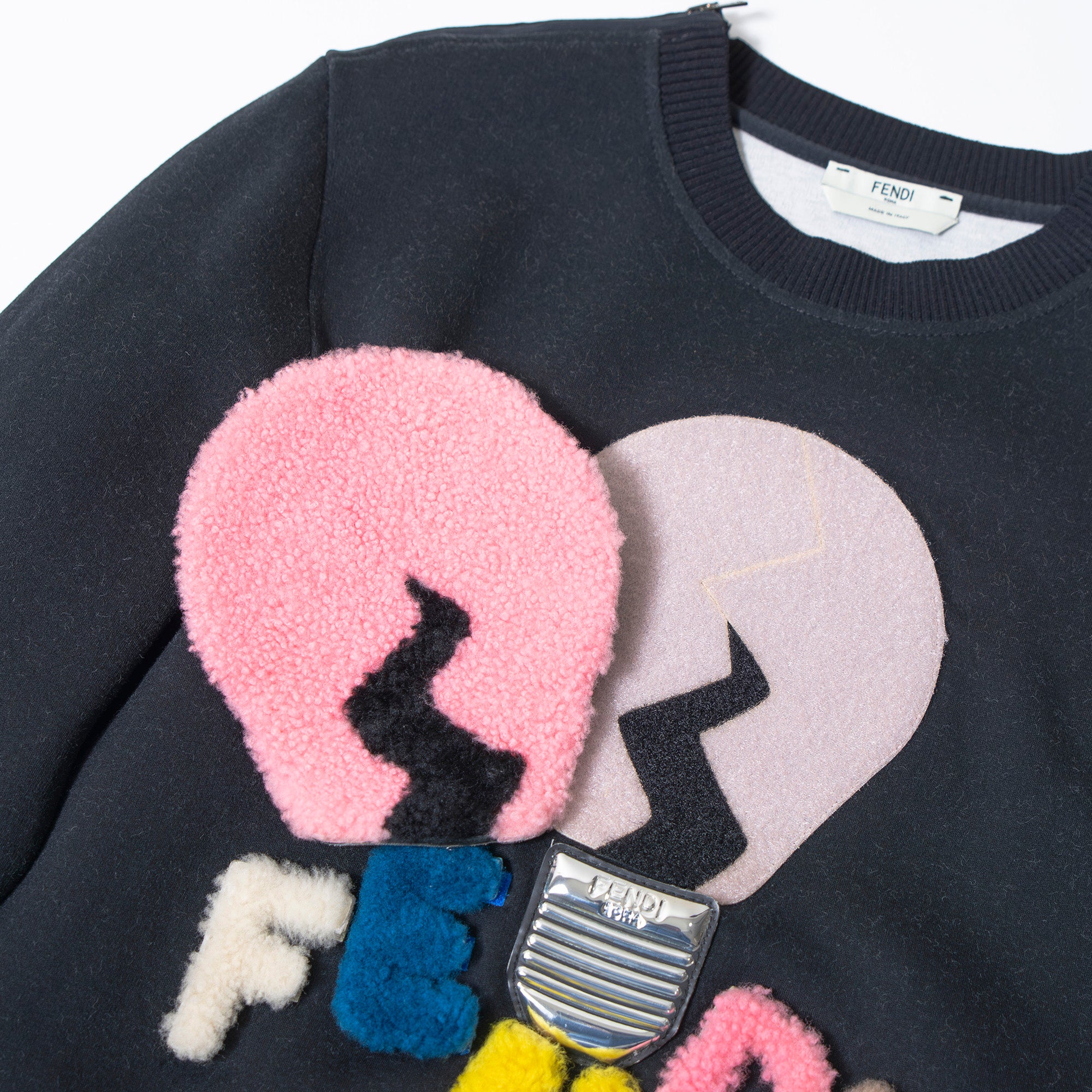 Fendi Sweatshirt, Black, Size 38, with Pile Appliqué and Light Bulb Design, Women's Top, Pullover