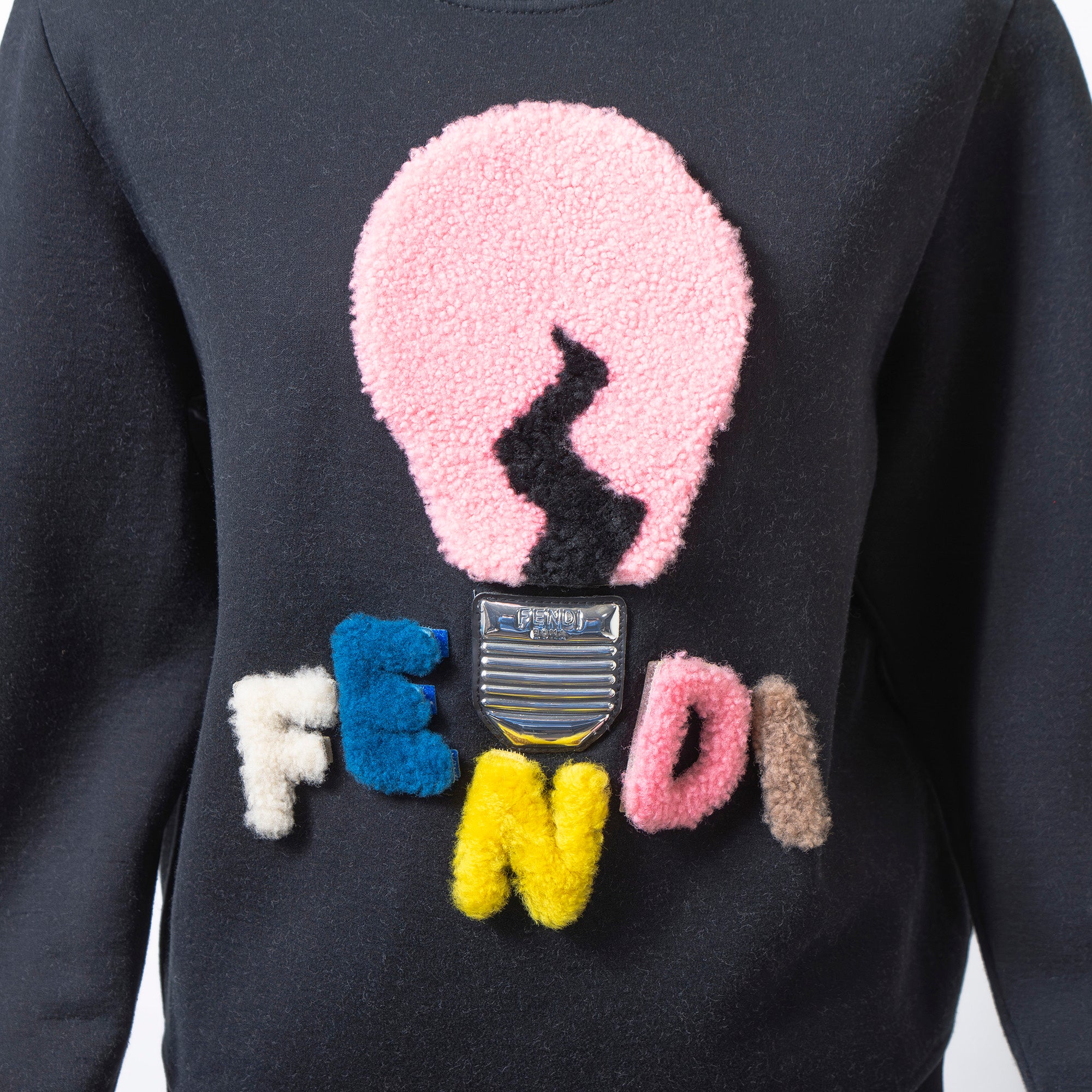 Fendi Sweatshirt, Black, Size 38, with Pile Appliqué and Light Bulb Design, Women's Top, Pullover