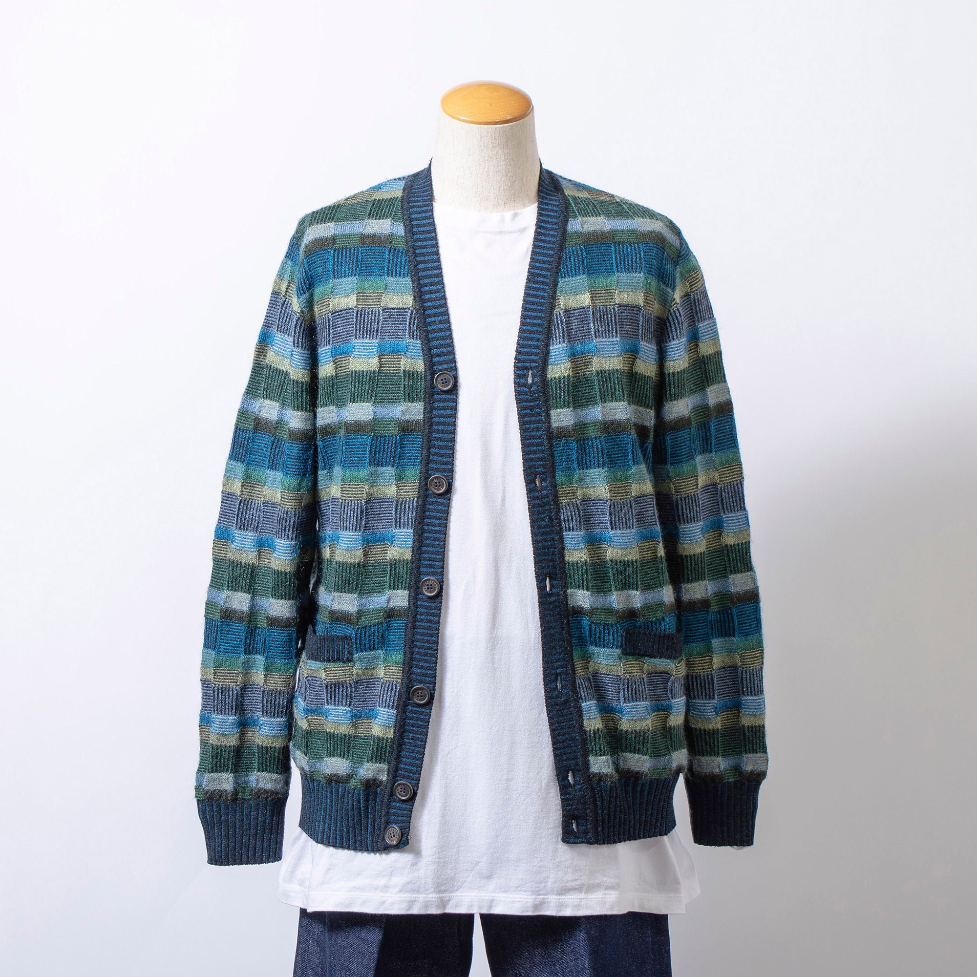Missoni V-neck knit cardigan in mohair blend blue and multicolor, size 48, men's top, unisex sweater