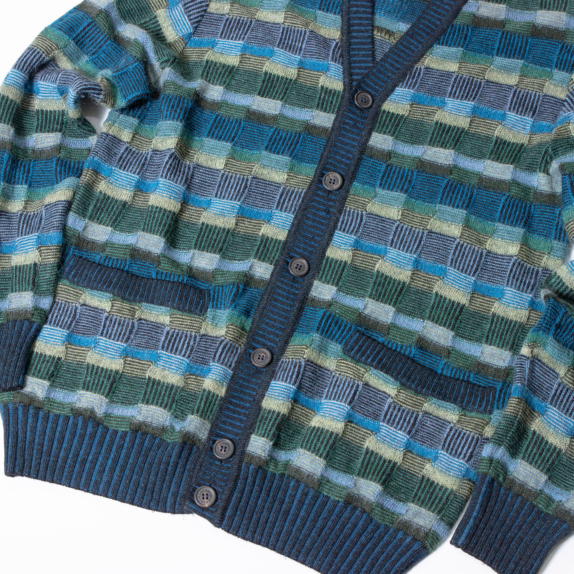 Missoni V-neck knit cardigan in mohair blend blue and multicolor, size 48, men's top, unisex sweater