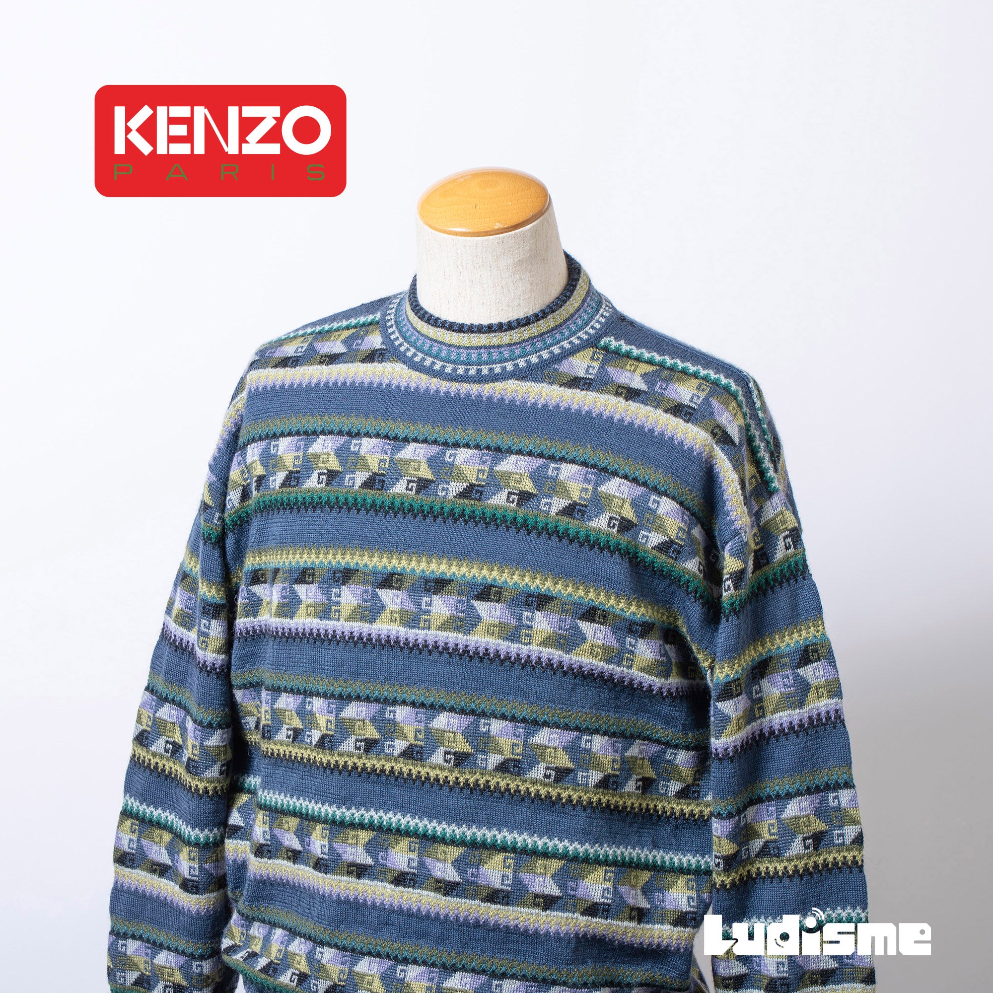 ケンゾー KENZO プルオーバーニット マルチパターン アルパカ混 モックネック 総柄 ボーダー メンズ 80s 90s オールドケンゾー セーター