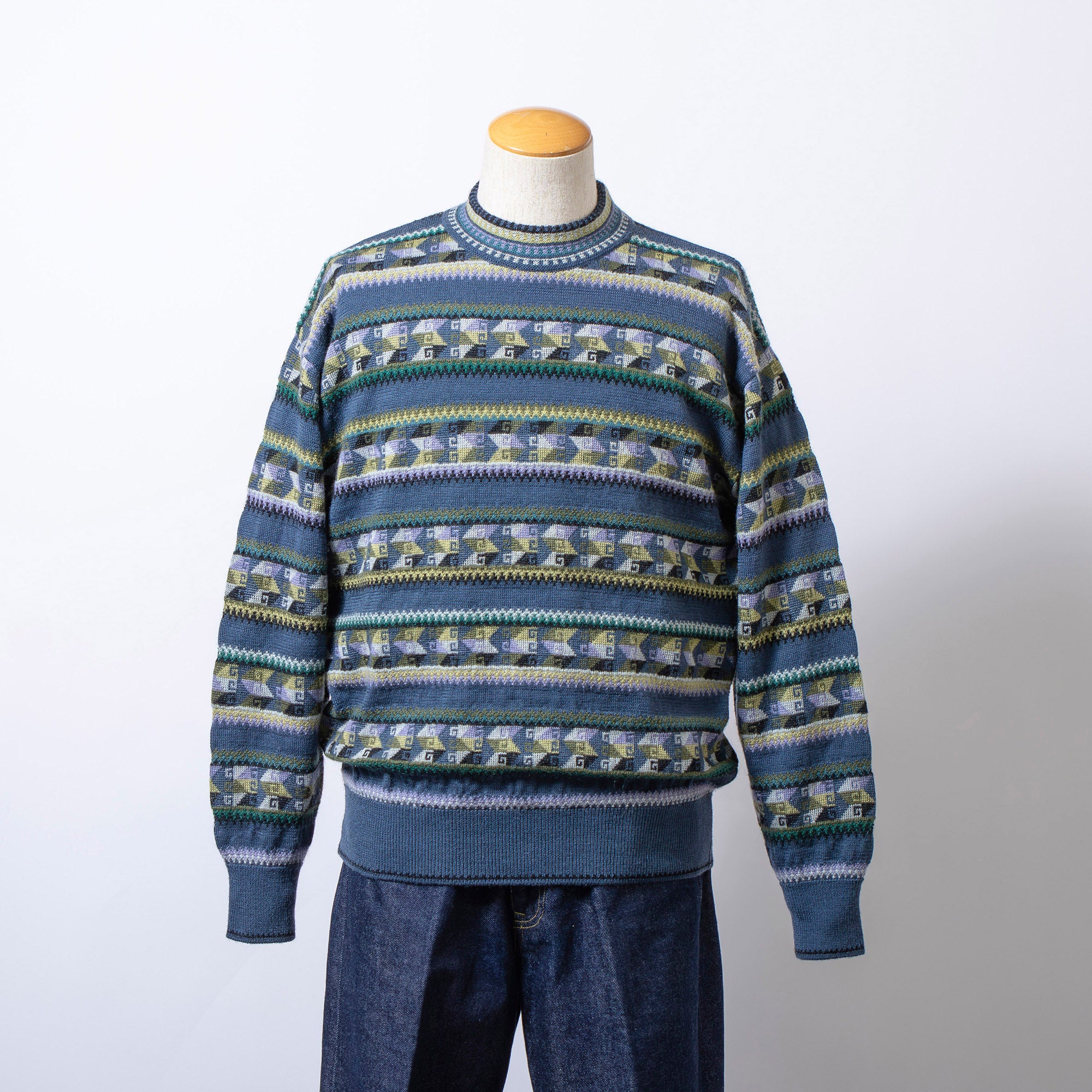 ケンゾー KENZO プルオーバーニット マルチパターン アルパカ混 モックネック 総柄 ボーダー メンズ 80s 90s オールドケンゾー セーター