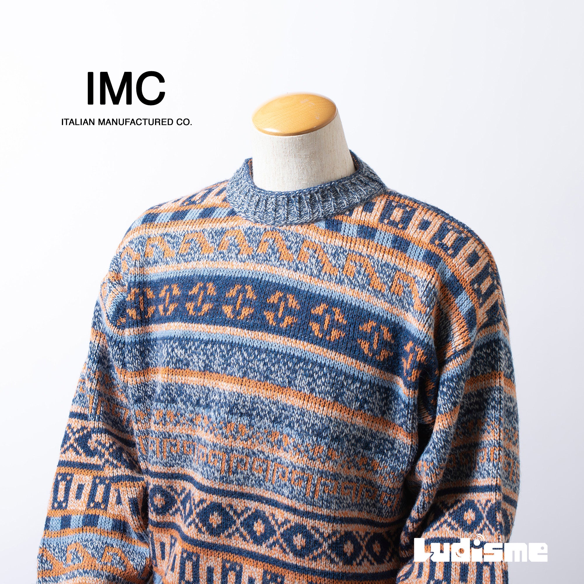 イタリア ヴィンテージ IMC プルオーバーニットセーター モックネック 総柄 マルチパターン マルチカラー メンズ レディース ユニセックス
