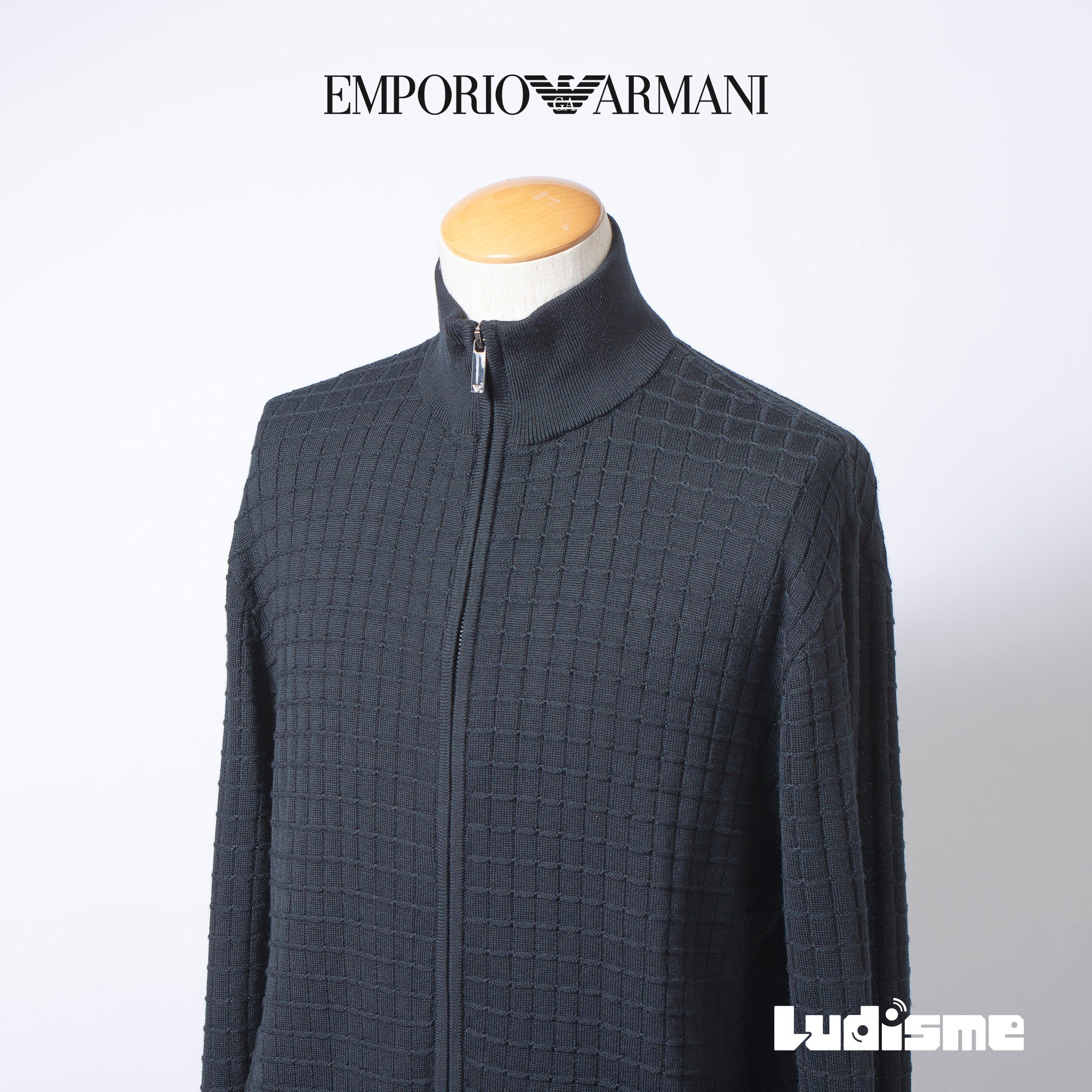 エンポリオアルマーニ EMPORIO ARMANI ドライバーズニット ジップアップ ブラック メンズ L ワッフル編み トップス セーター ハイネック