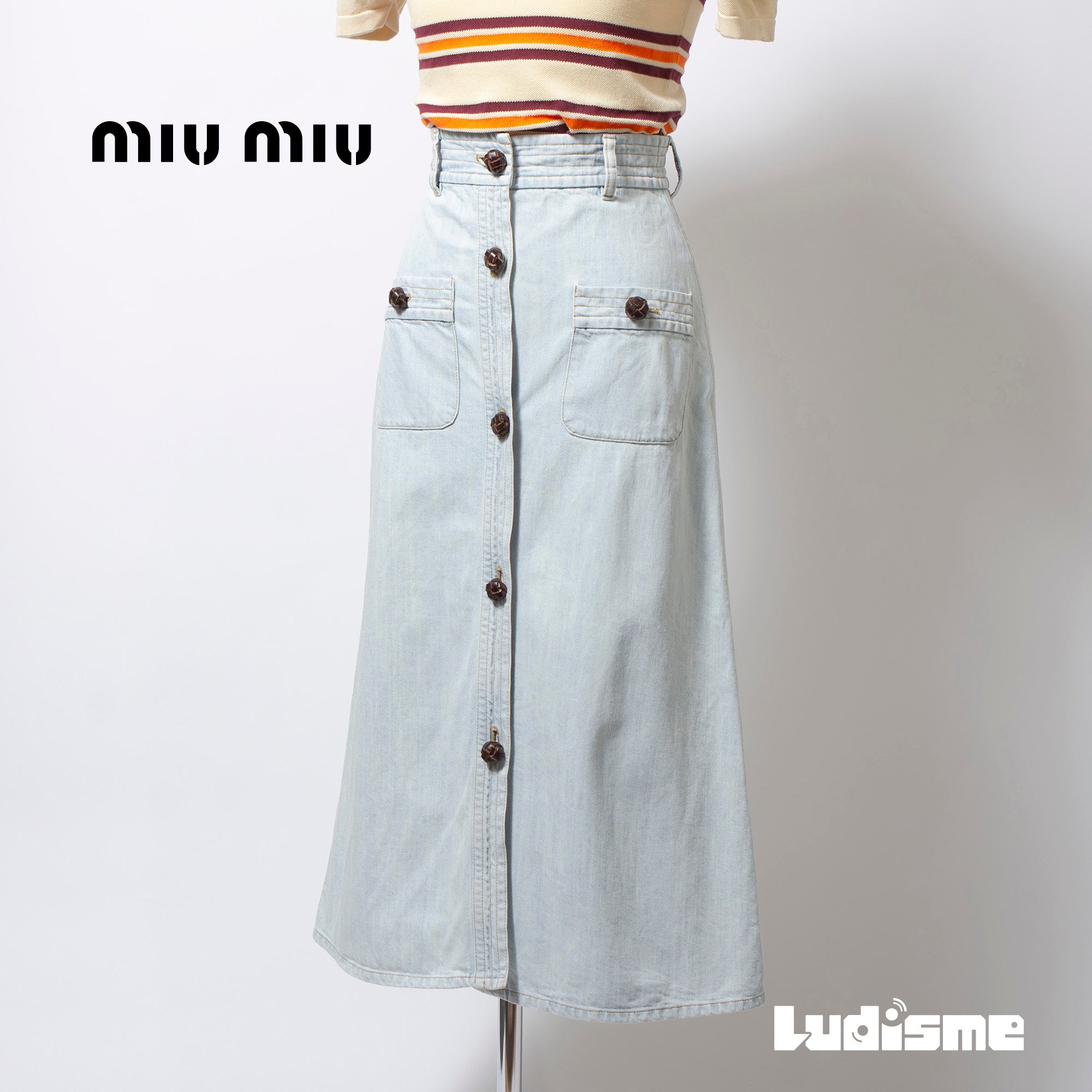 ミュウミュウ MIU MIU デニムスカート ミディ丈 フロントボタン レディース 36 イタリア製 ボトムス ミディスカート ハイウエスト Aライン