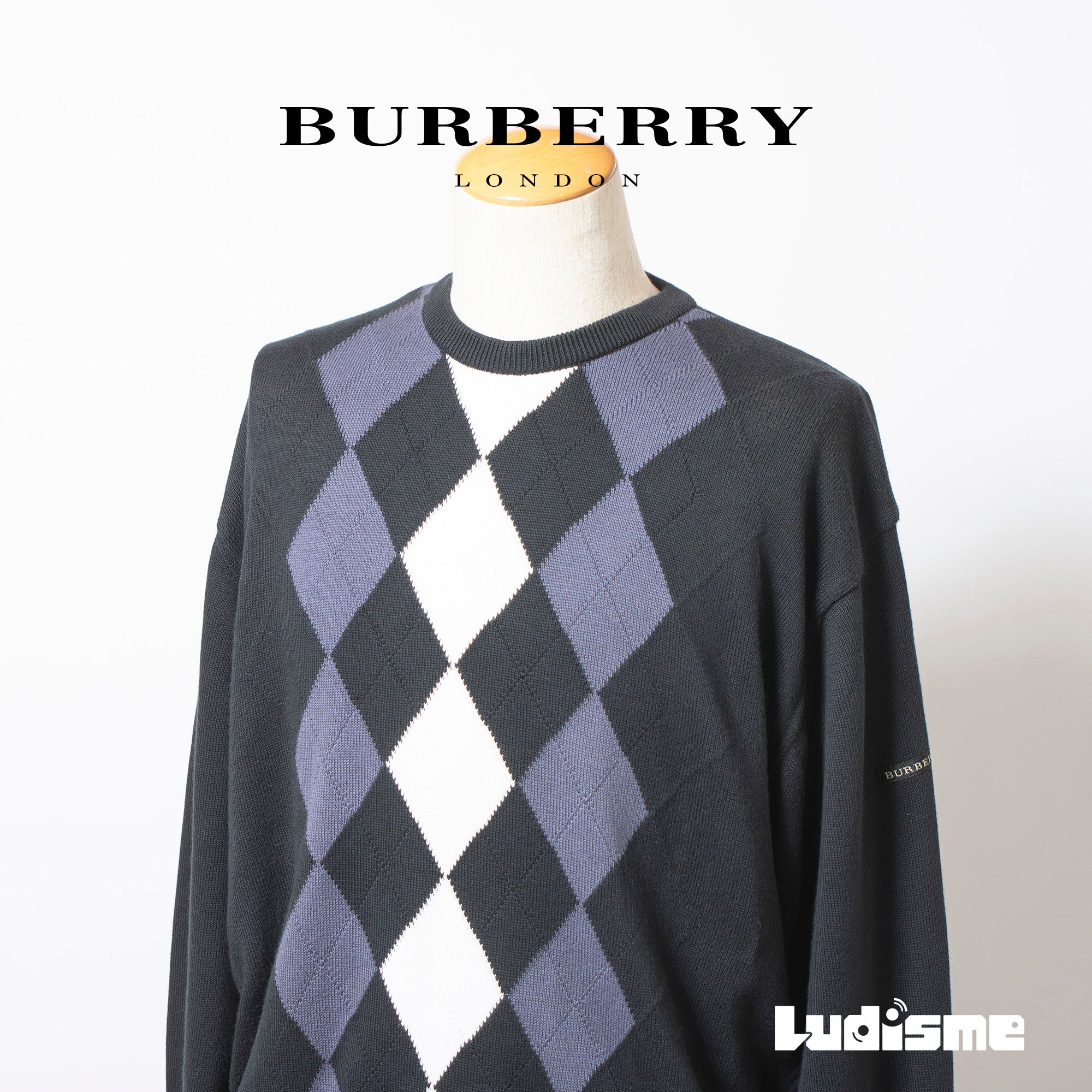 バーバリー BURBERRY Golf アーガイル ニット セーター ブラック コットン100% メンズ L 日本製 クルーネック ロゴ刺繍 トップス トラッド