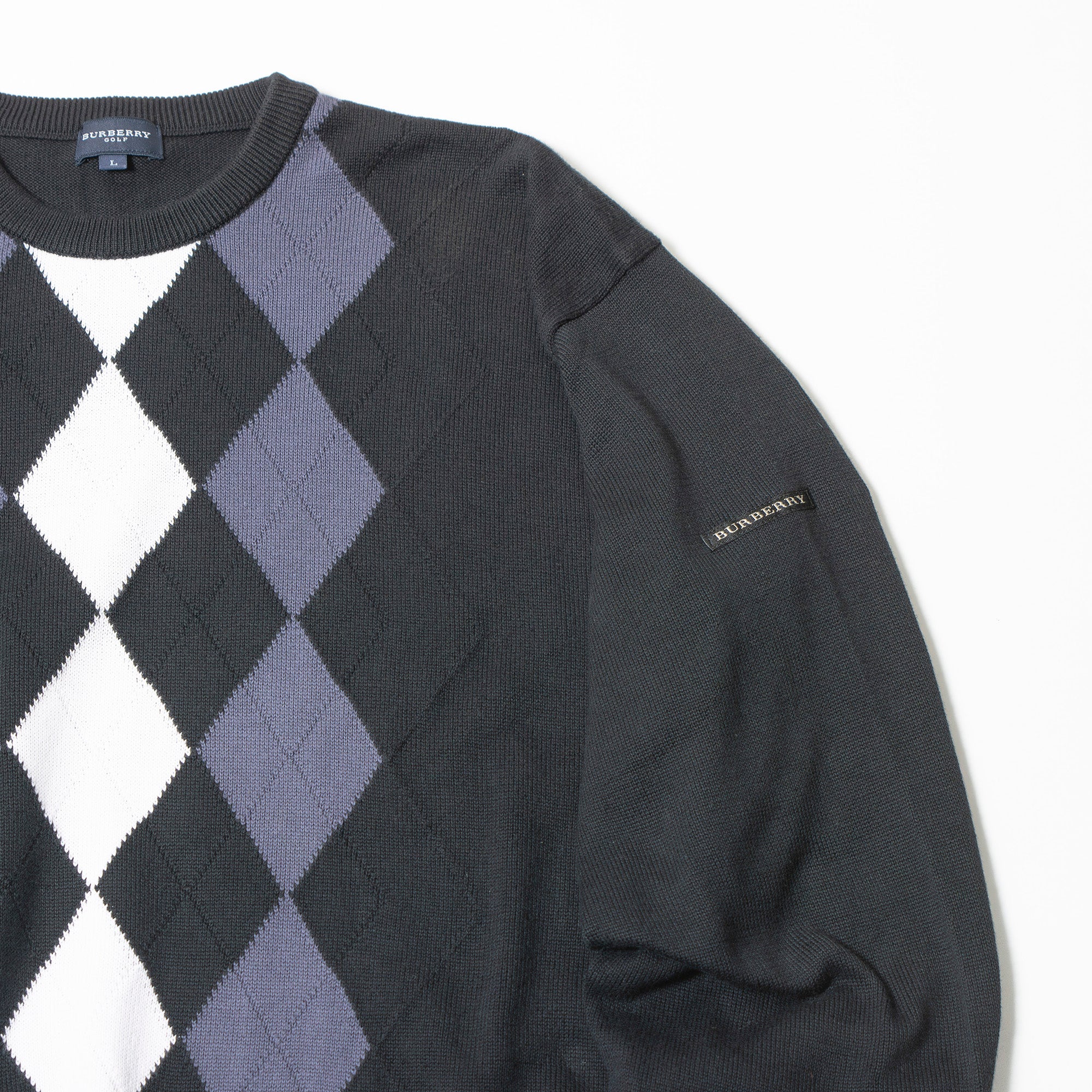 バーバリー BURBERRY Golf アーガイル ニット セーター ブラック コットン100% メンズ L 日本製 クルーネック ロゴ刺繍 トップス トラッド