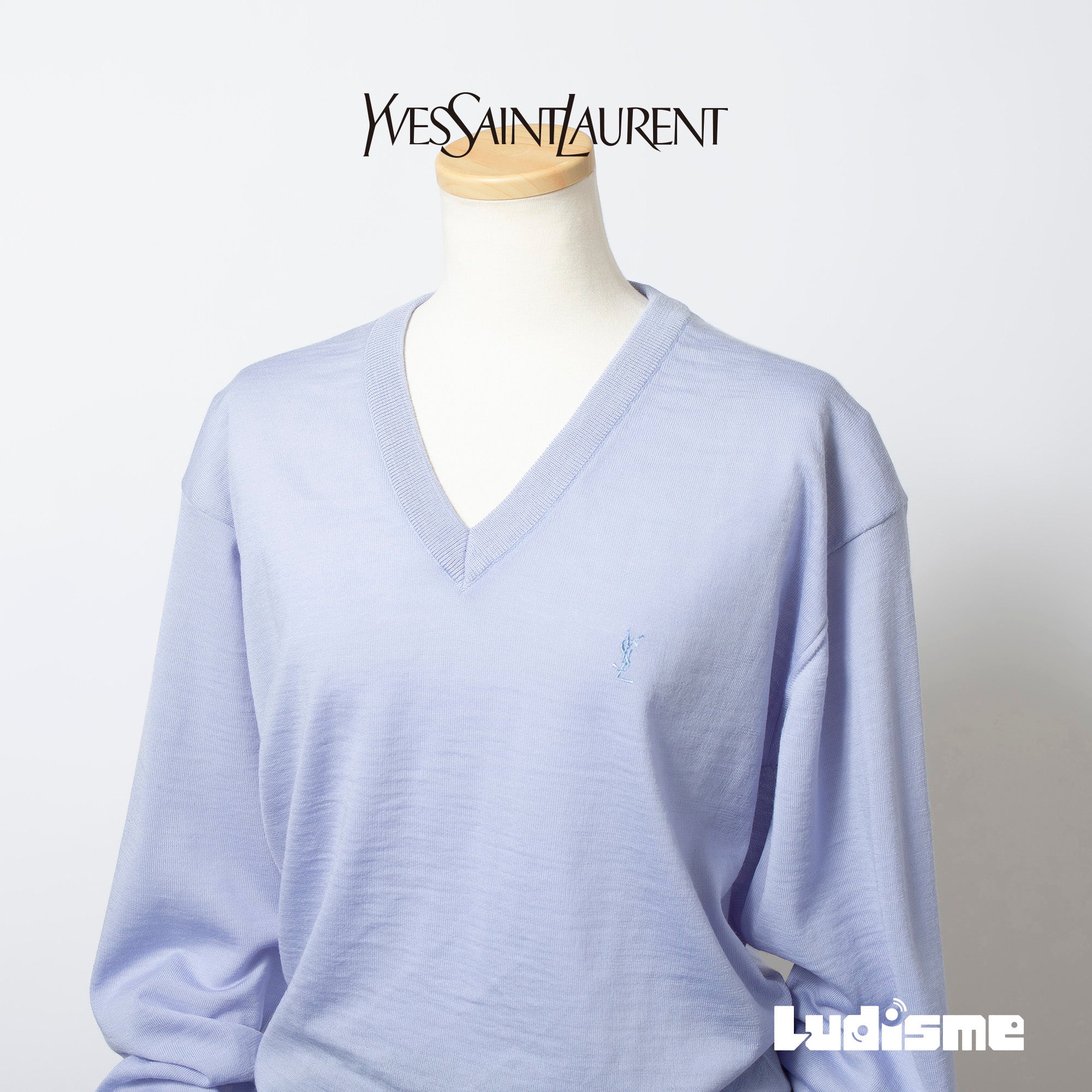 サンローラン Yves Saint Laurent Vネック ニットセーター ブルー系 ユニセックス メンズ レディース ウール100 トップス 日本製 ロゴ刺繍