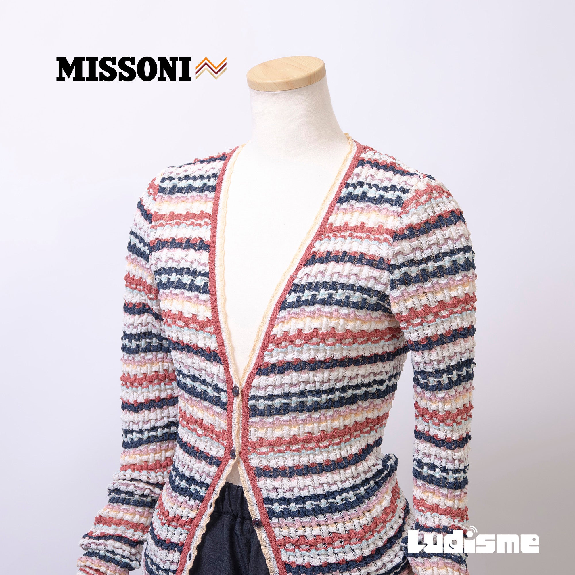 ミッソーニ MISSONI Vネック ニットカーディガン マルチカラー ボーダー 透かし編み サマーニット イタリア製 レディース 春夏 高級ニット