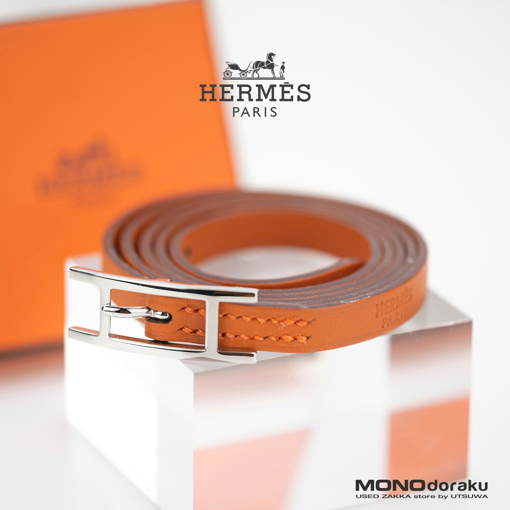 HERMES Hapi3 Leather Bracelet, J Stamp, Made in 2006, Orange x Silver Hardware