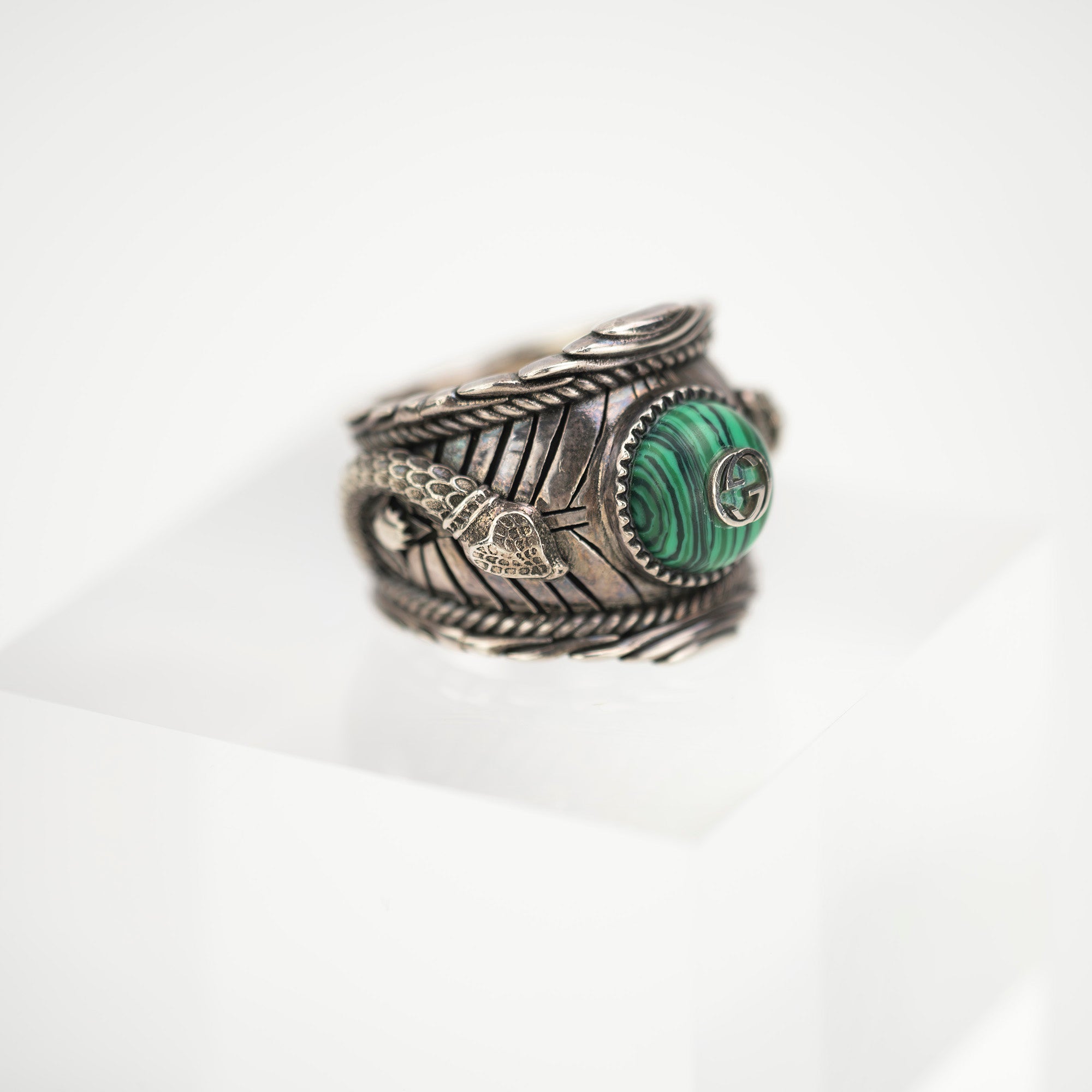 Gucci Kingsnake Garden Ring, Malachite x SV925 Ring, Size 19, Men's Accessories