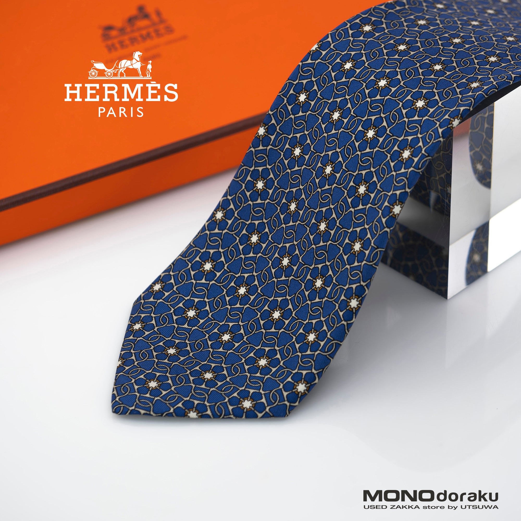 HERMES エルメス メンズアクセサリー シルクアイテム ネクタイ 7707OA ブルー 総柄