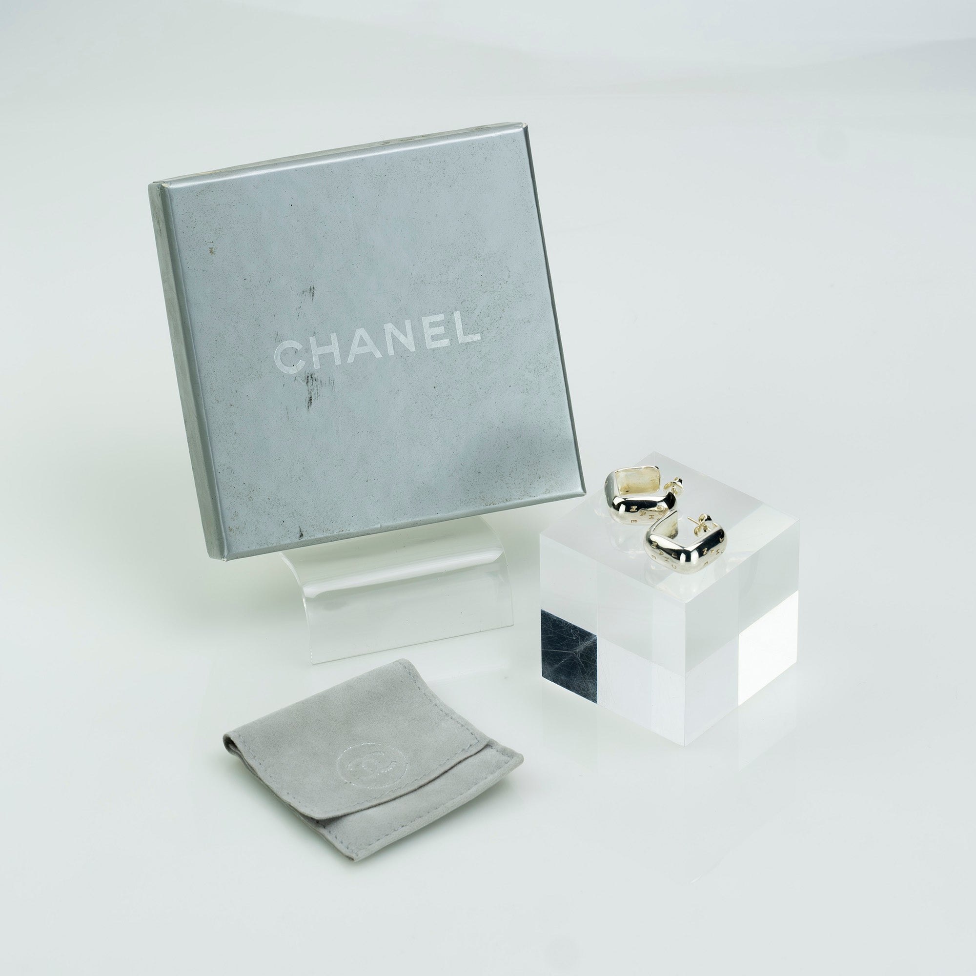 CHANEL Square Hoop Earrings, Silver 925, 18.99g